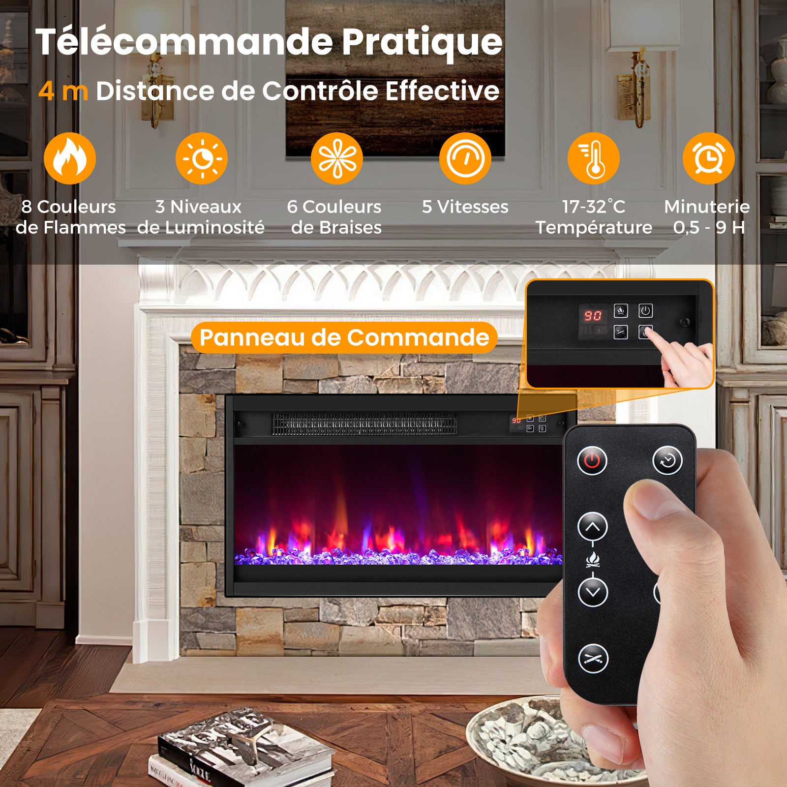 61 cm Chimenea eléctrica con efecto de llama LED de 1500 W, calefacción ajustable de 17 a 32 ℃, chimenea artificial con 8 colores - 2