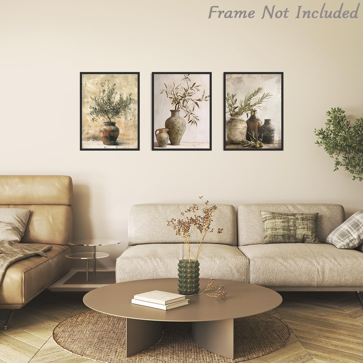 Set de 3 Décoration Murale de Branche d'Olivier Rustique, Impressions sur Toile dans Pot en Terre Cuite pour Style Fermier 12x16 pouces sans Cadre - 4