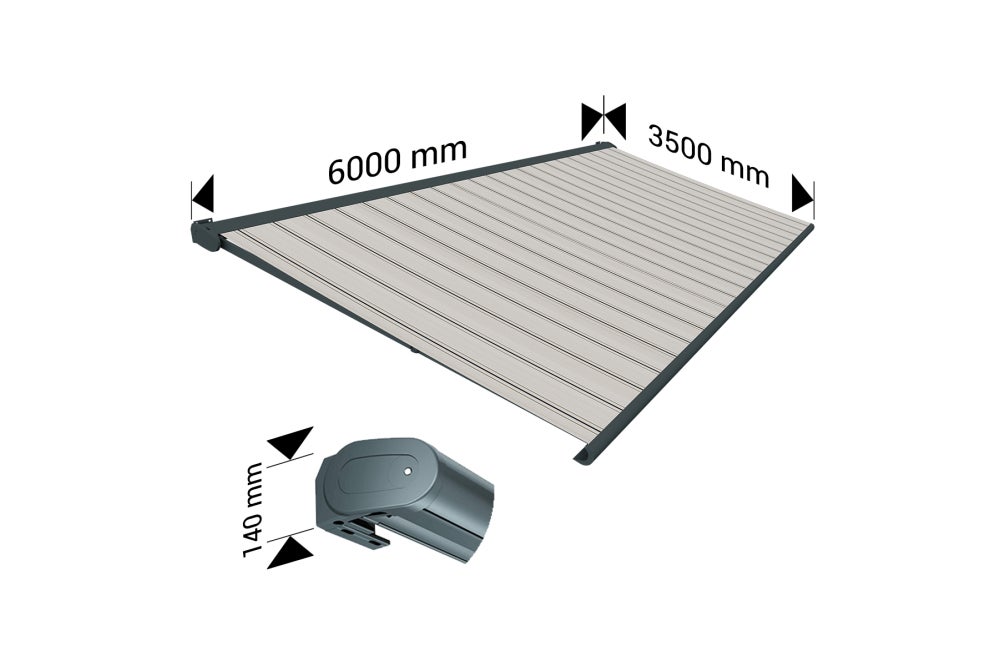 Store banne Coffre intégral PROTECT 2 LED SMART Gris Anthracite 6x3,5m Motorisé à télécommande + Capteur Vent + Eclairage LED - Toile Grise Rayée - 3