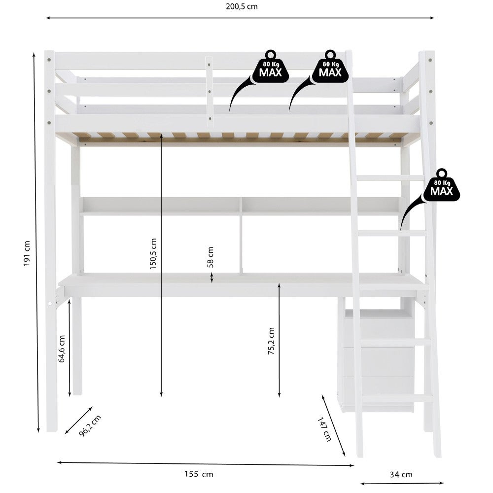 Lit mezzanine STUDIO 90x190 + 1 sommier + caisson 3 tiroirs + bureau + étagère / Blanc - 3