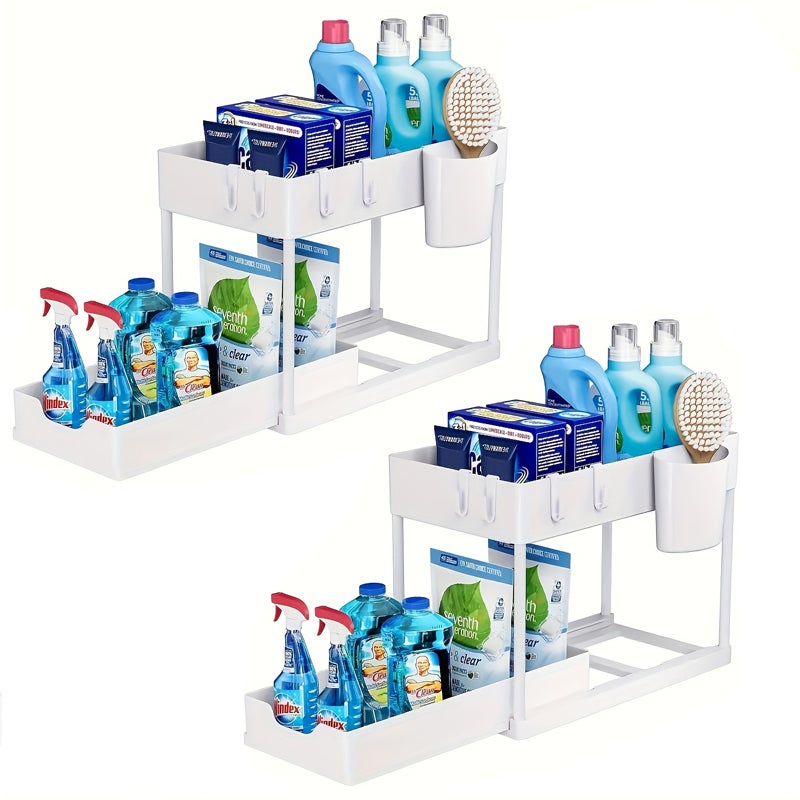Zestaw 2 organizerów do przechowywania pod zlewem, 2-poziomowe, z tworzywa sztucznego, do łazienki i pralni.