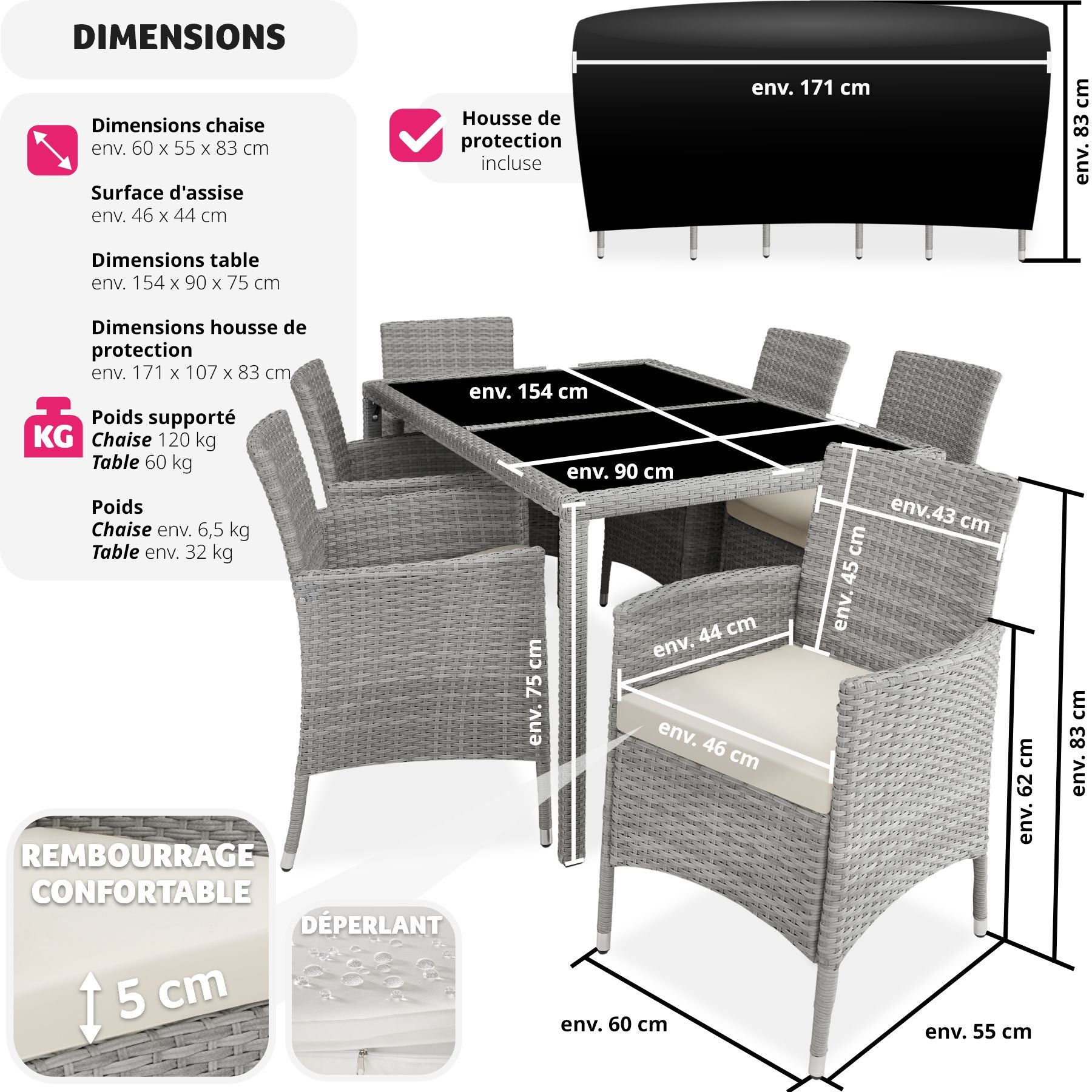 TECTAKE Conjunto de ratán Para 6 personas - 6