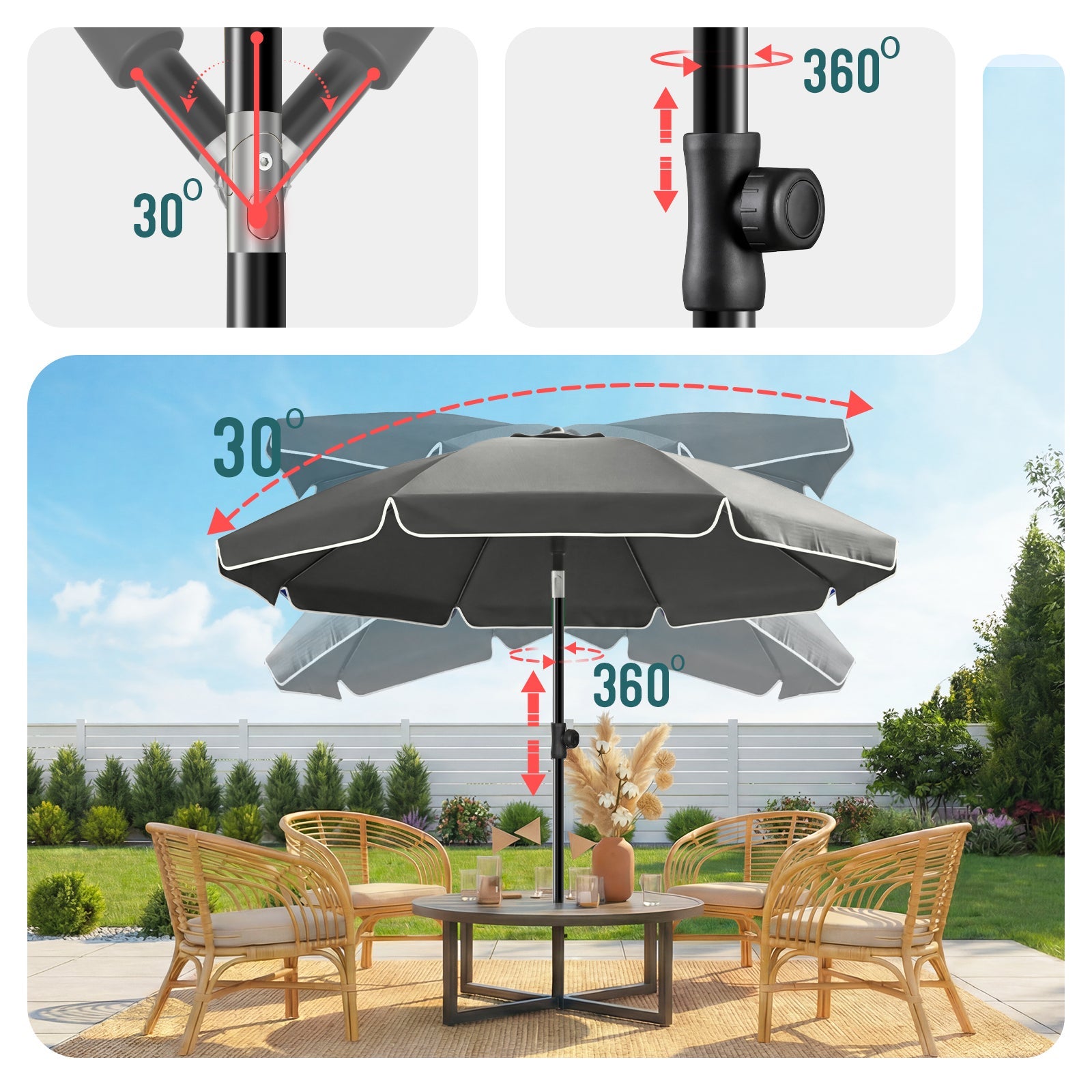 Parasol de jardin inclinable 2M avec ancrage au sol - Parasol de plage UV 50+ Gris - VOUNOT® - 5