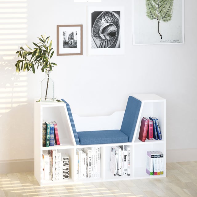 Estante com Assento HOMCOM Melamina de Madeira e Poliéster Branco e Azul 102x30x61 cm 836-115BU