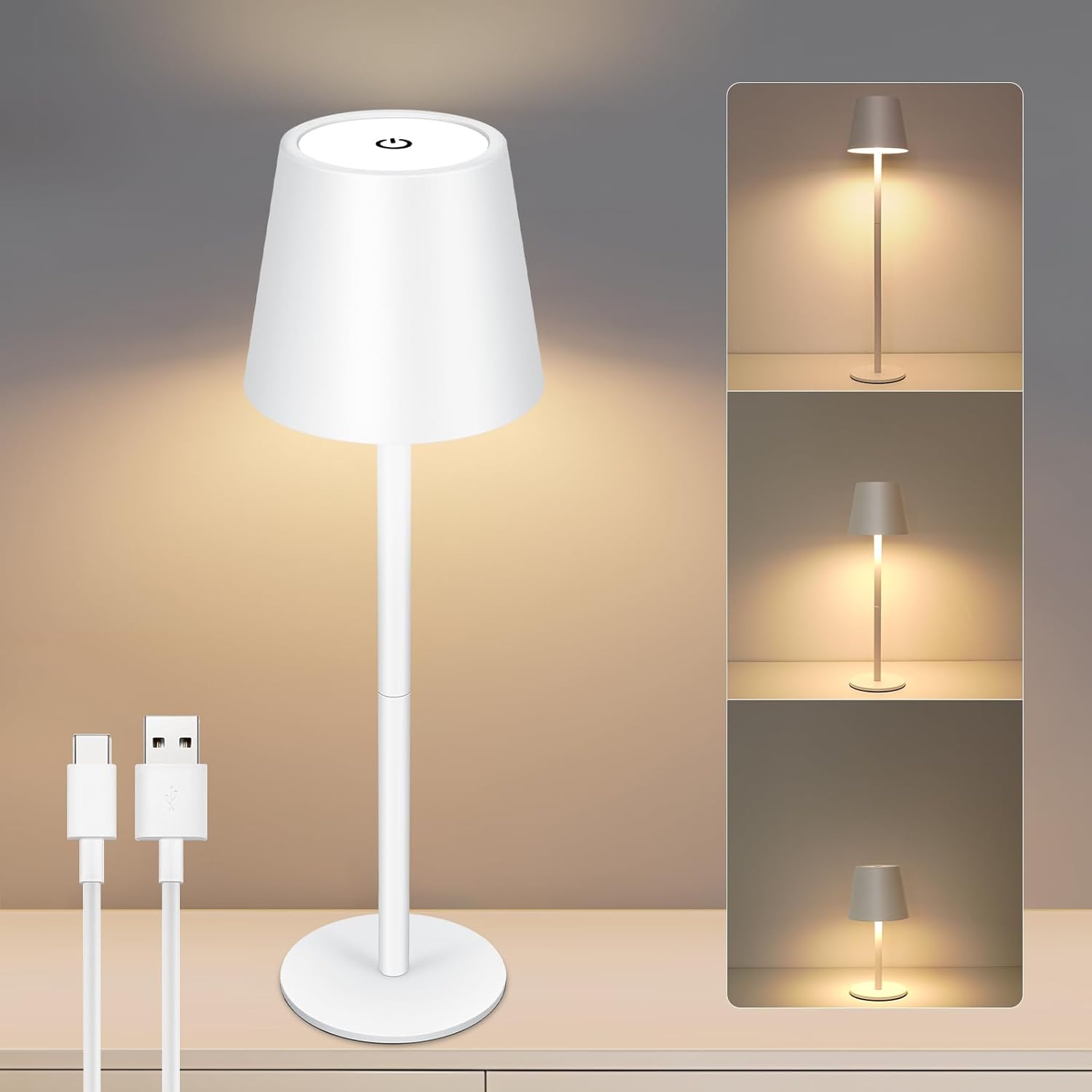 Ściemnialna bezprzewodowa lampka biurkowa, dotykowa LED 3-kolorowa, z USB-C, wodoszczelność IP54 (biała) [Klasa efektywności energetycznej F]