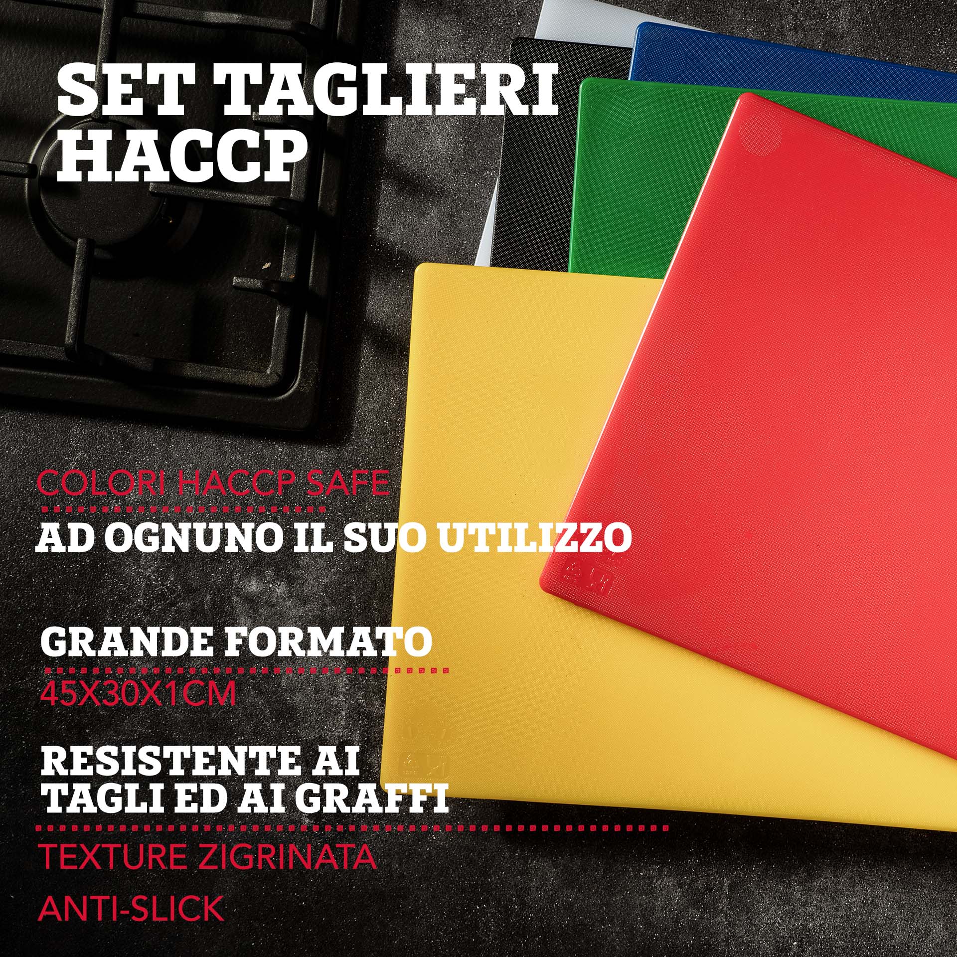 Forgast HACCP set of 6 taglieri in plastica, tagliere cucina professionale, tagliere, accessori cucina, tagliere, tagliere colazione, senza BPA, format GN 1/1, 53 x 32.5 x 1.2 cm, multicoloured