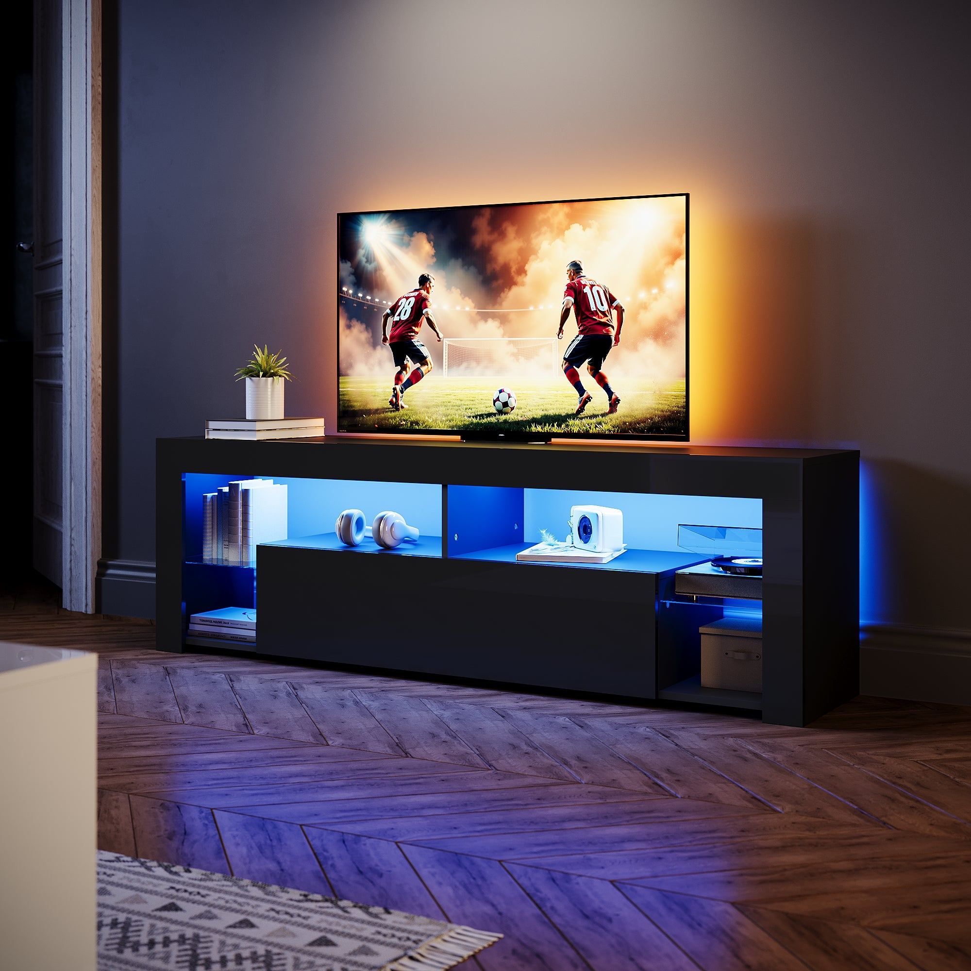 SIRHONA Meuble TV LED Rangement Moderne Sans Poignées + Etagères en Verre + Noir + 180 cm - 2