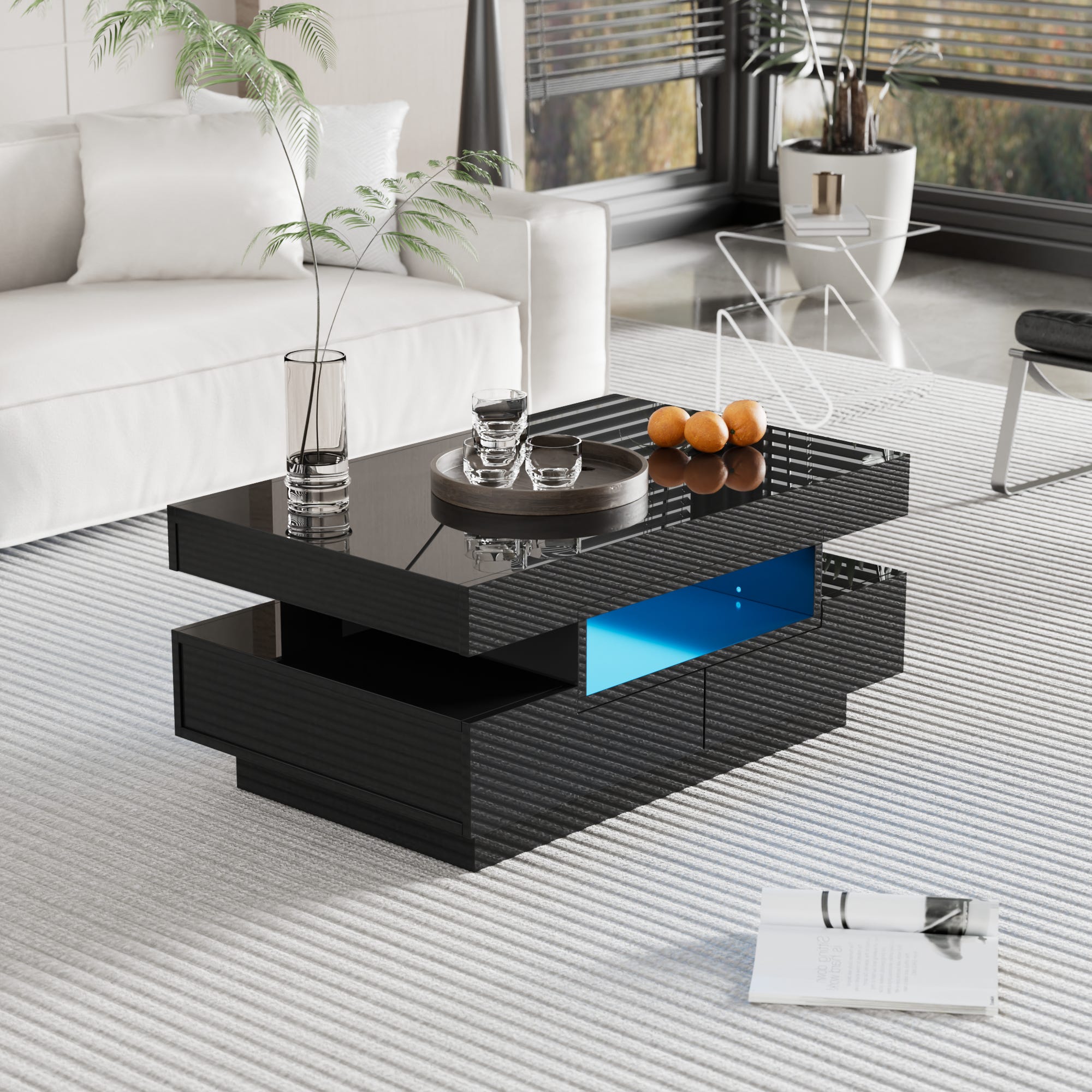 BTM Table Basse Moderne Noire Brillante 100×50×39 Cm – LED, Tiroirs, 2 Étagères, Design Élégant Salon