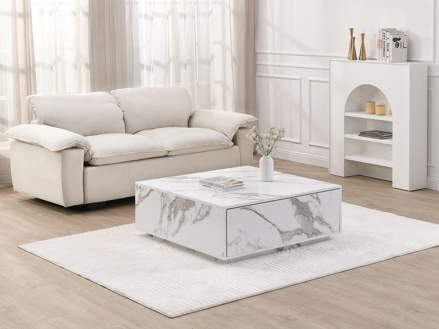 Stolik kawowy z 2 szufladami z MDF - szer. 90 cm Efekt białego marmuru - ANTRIM