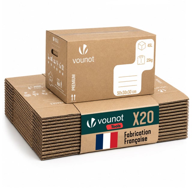 Lot de 20 Cartons de déménagement 50x30x30cm stockage 45L - Fabriqué en France - Carton de rangement renforcé 25kg - VOUNOT®