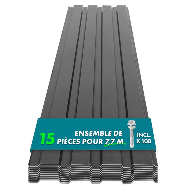 Lot de 15 tôles Couverture métallique Tôle avec vis Épaisseur : 0.25 mm, 115 x 45 cm, Gris foncé