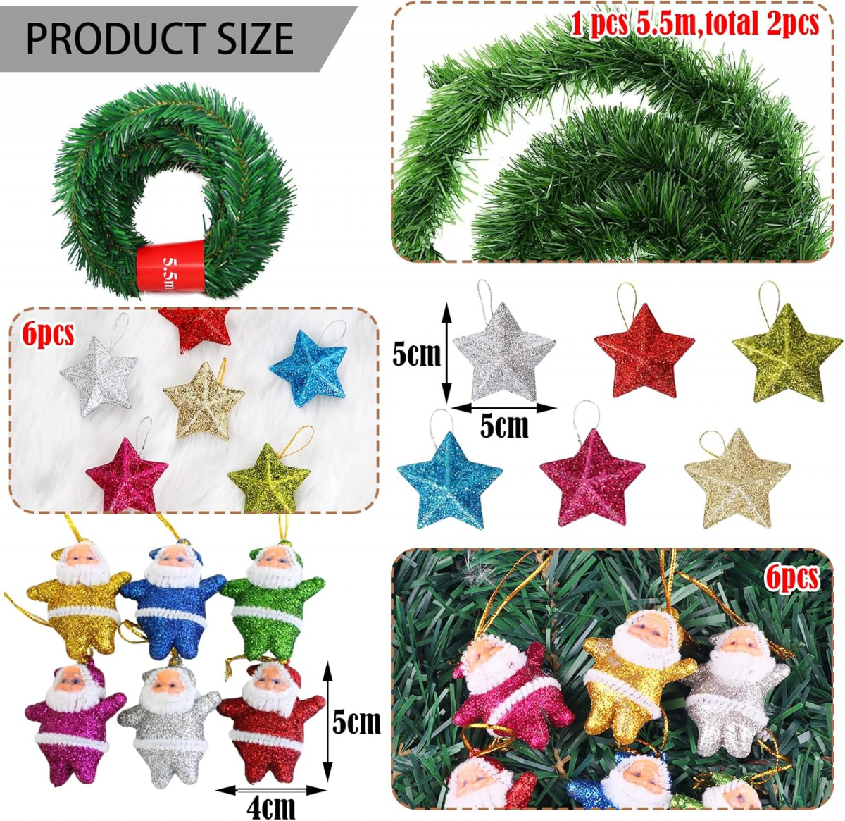 2 coronas de Navidad de 5,5 m, 6 estrellas, 6 Papá Noel, corona de árbol de Navidad artificial, decoración mural para fiesta de aniversario de boda - 2