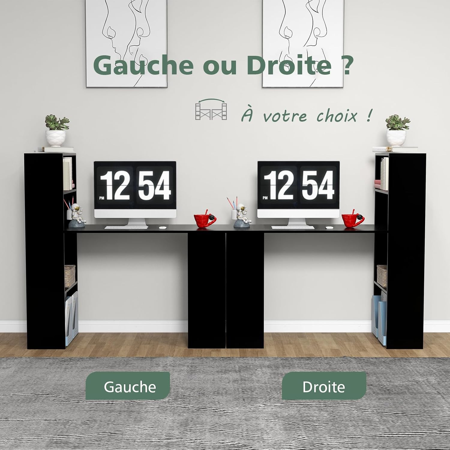 Bureau d'Ordinateur Réversible avec Bibliothèque, Assemblage Facile, pour Maison, Bureaux (Noir) - 6