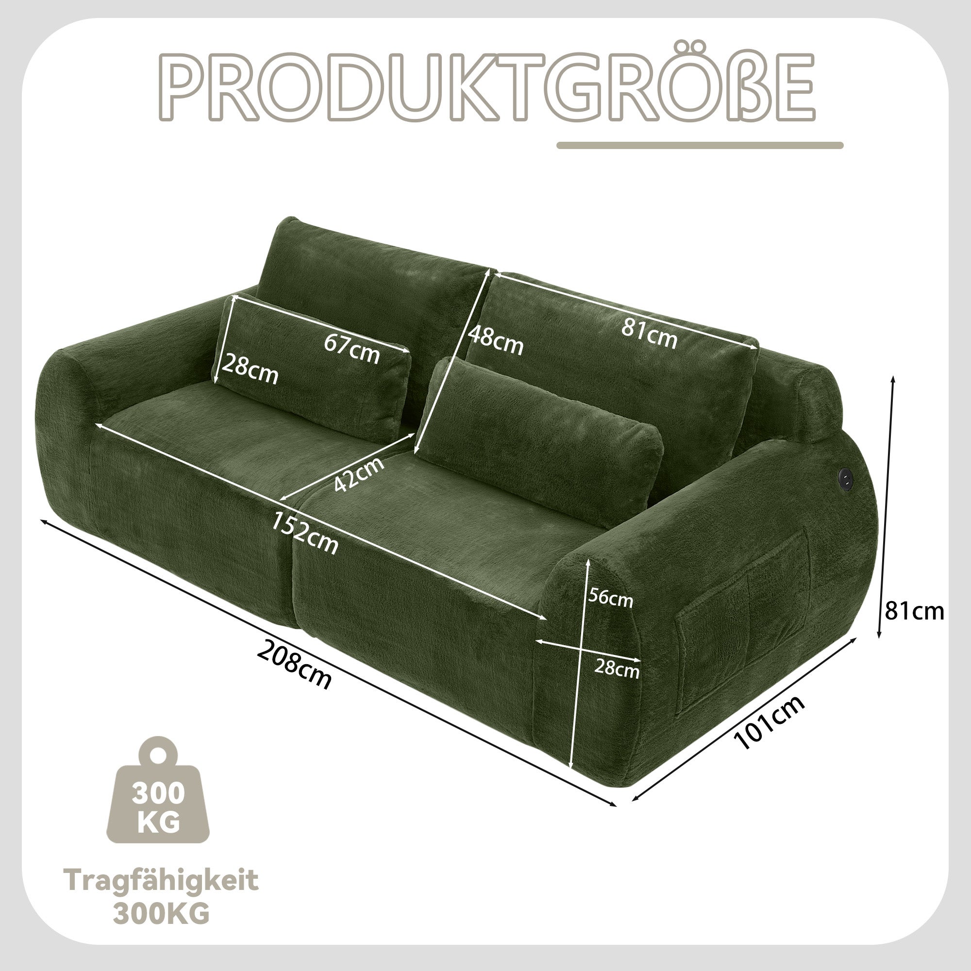 Canapé 2 places, canapé compressé 208x101x81 cm avec port USB et poche latérale, vert - 4