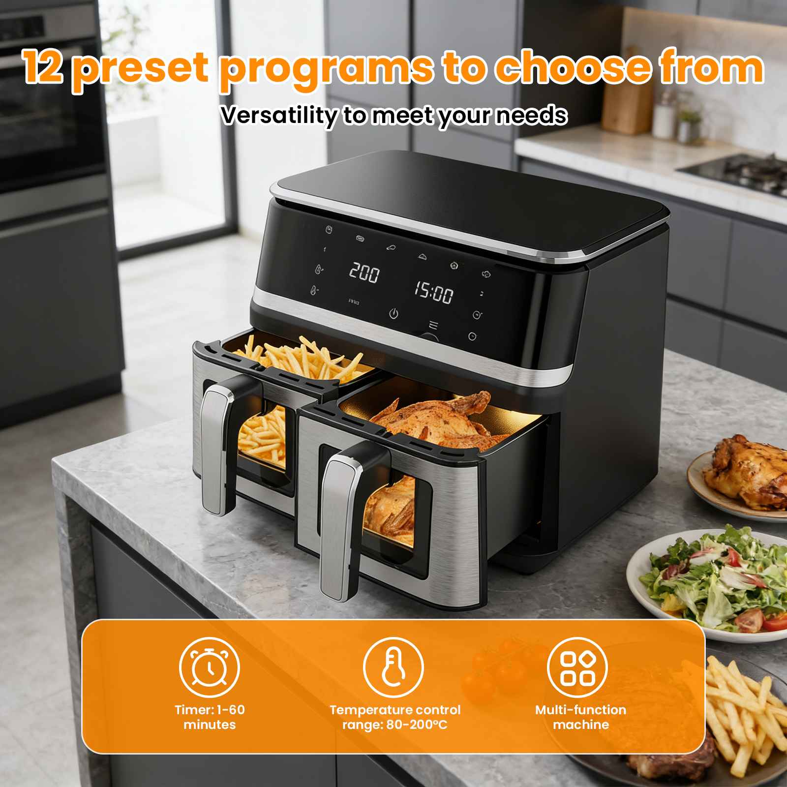 Friteuse à air 9L double compartiment écran tactile 12 programmes rapide saine famille - 6