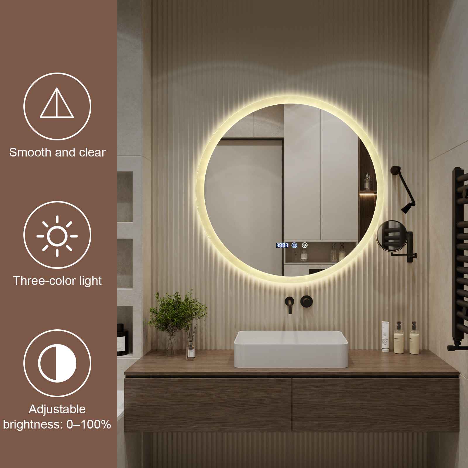 Espejo baño LED inteligente redondo antivaho táctil 3 colores regulable memoria seguridad vidrio impermeable diseño moderno lujo - 9