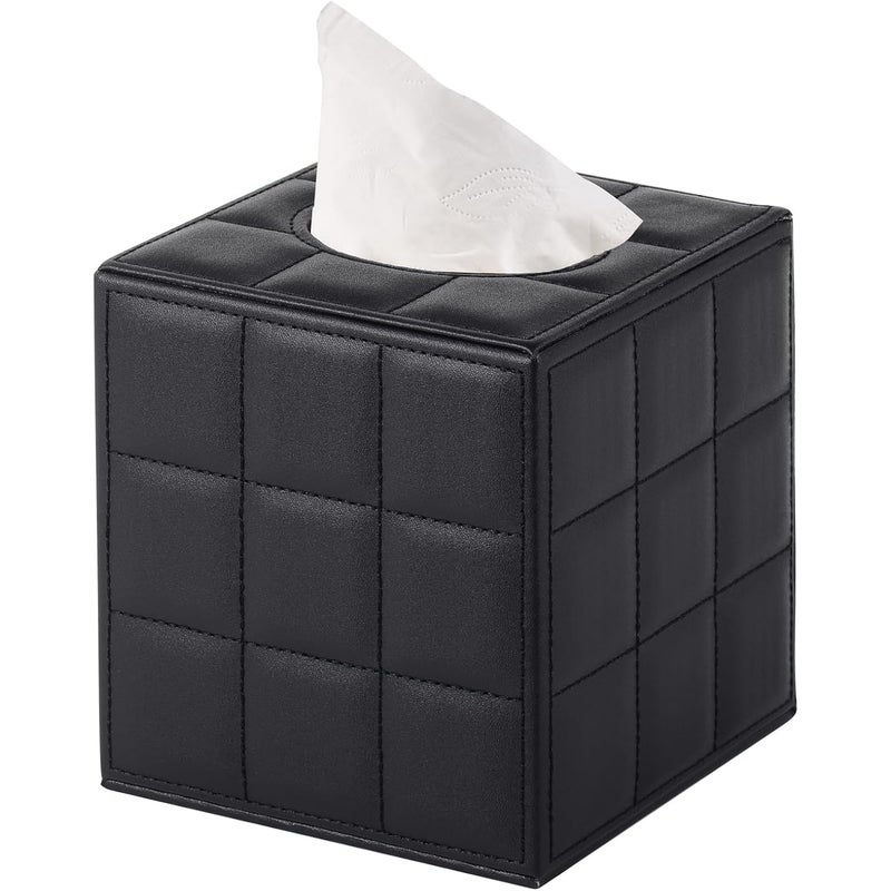 Kwadratowe skórzane etui na chusteczki - z magnetyczną podstawą, do domu i biura - 1 sztuka, 16×14×14 cm (czarna kratka)