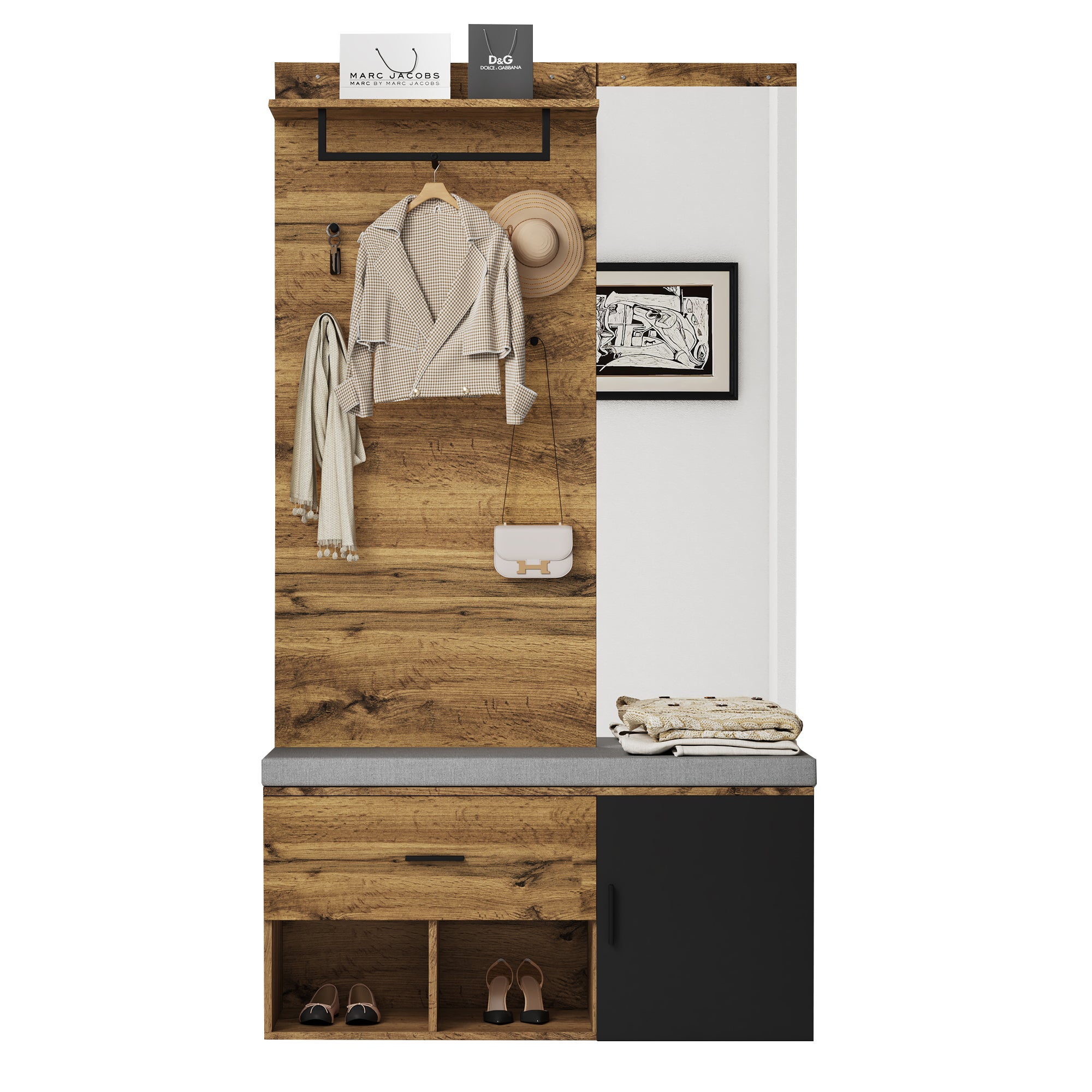 Scarpiera con panca, specchio e appendiabiti - 104 x 39 x 190 cm - Truciolare - Rovere - 9