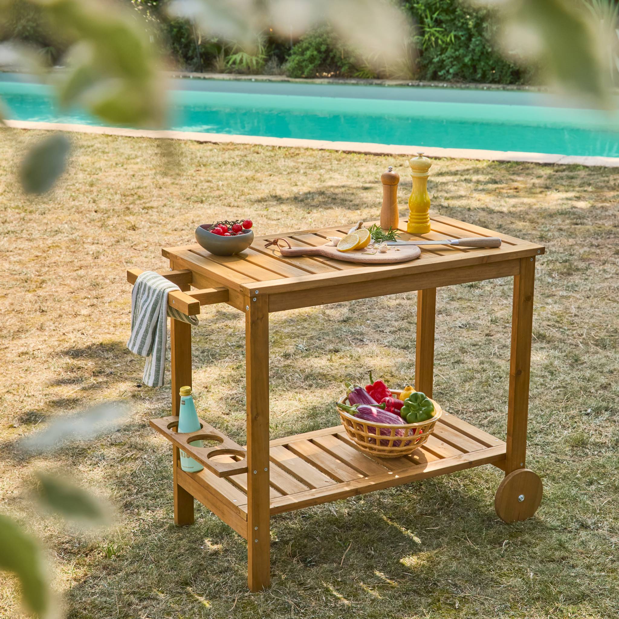 Desserte extérieure 95 cm en bois avec roues et poignée. Bois naturel. L 95 x l 47 x h 74cm AULNE - 2