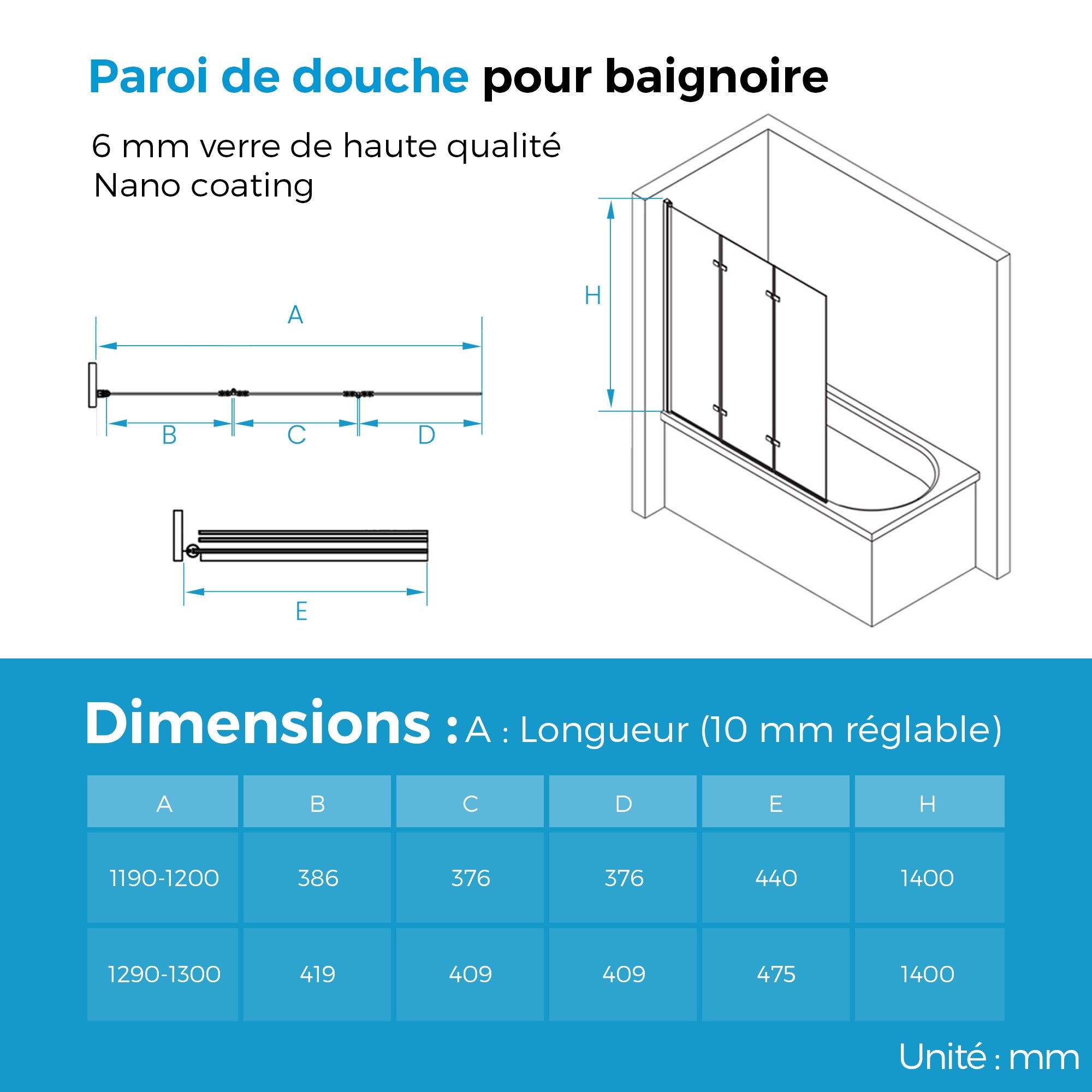 Heilmetz Pare baignoire Pivotant 3 Pièces de Verre pliable écran de baignoire 130x140cm(L*H) Transparent verre de sécurité ESG 6mm - 7
