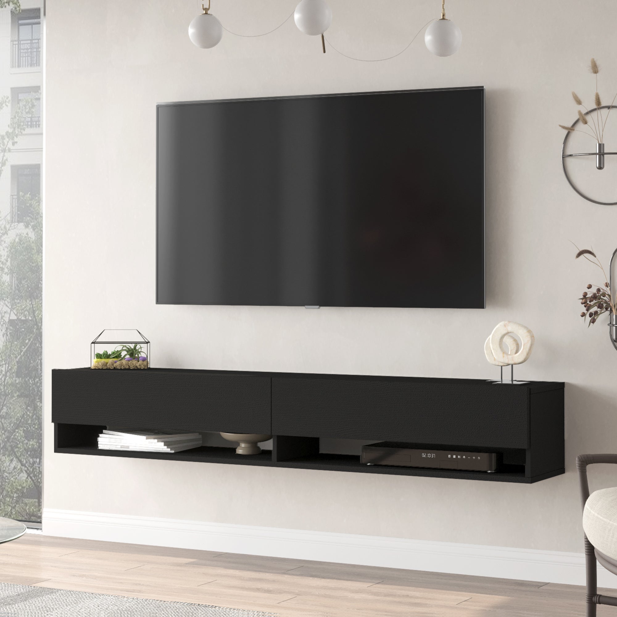 Meuble TV FLY E5 Design, Coloris Noir Brillant. Meuble Suspendu Moderne Et Tendance Pour Votre Salon 14023382
