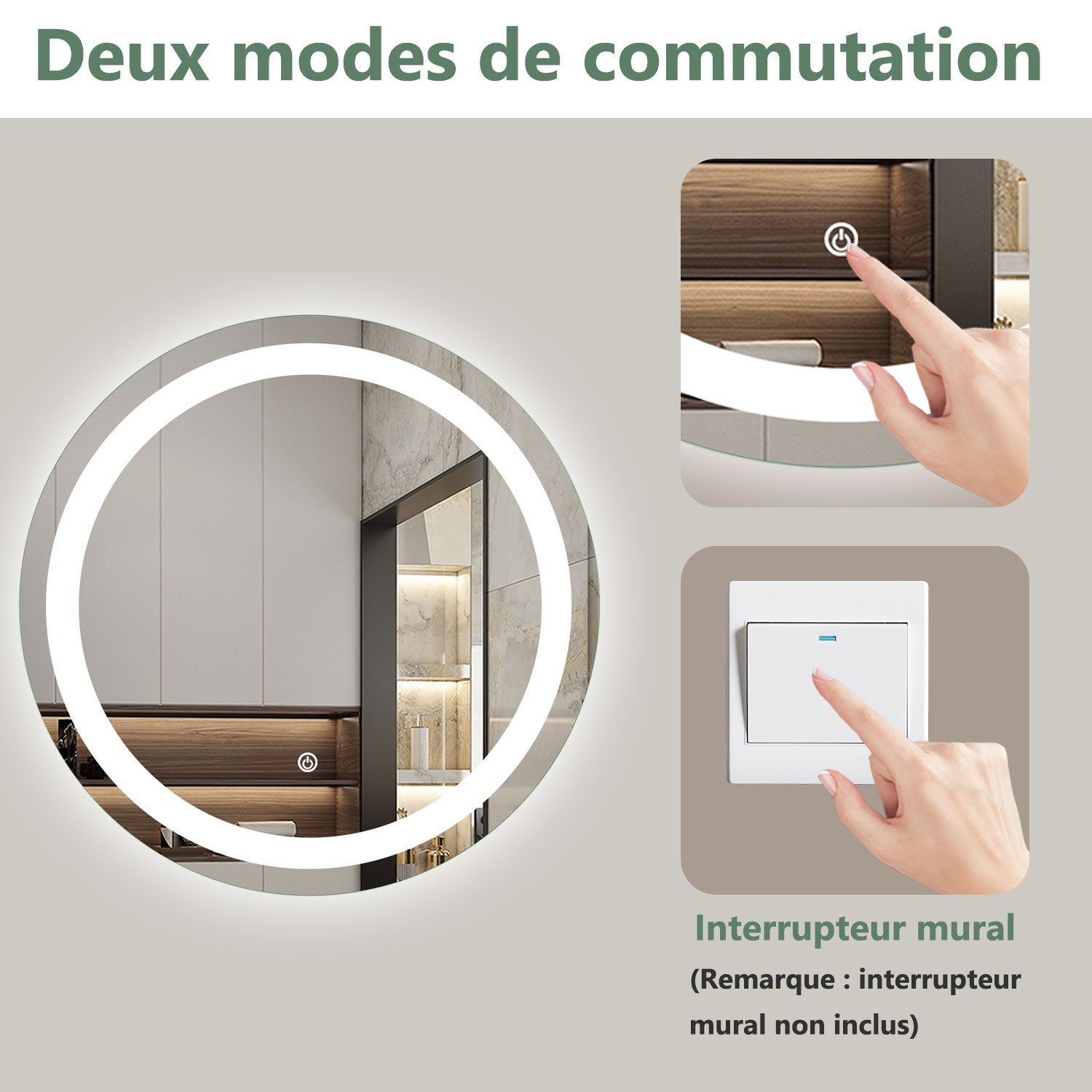 AICA Miroir lumineux rond 60cm anti-buée +dimmable + mémoire, miroir de salle de bain mural - 6