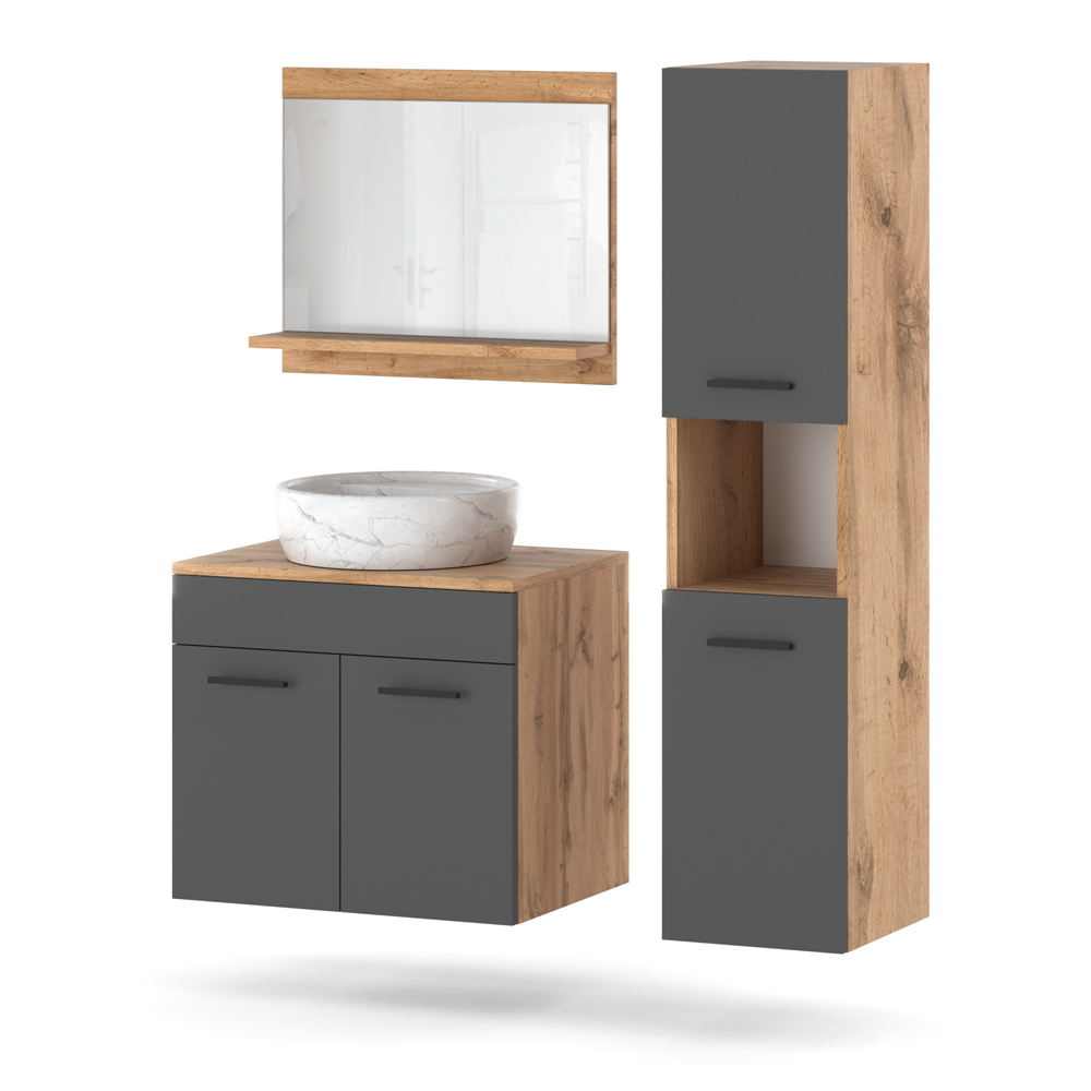 Zestaw łazienkowy 90cm loft wiszący szafka lustro słupek wotan szary