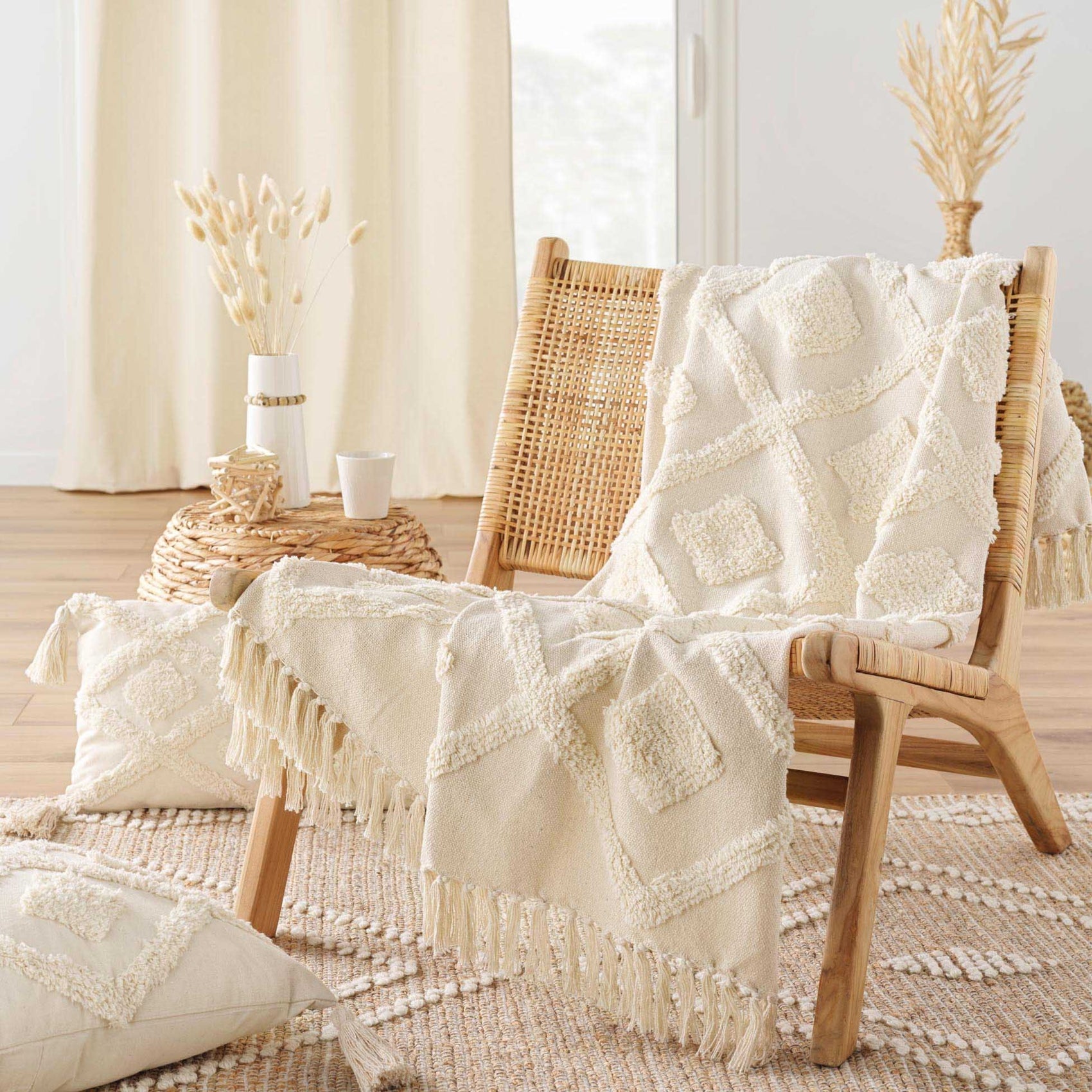 Plaid bohème tufté avec franges - Blanc cassé - 125x150 cm - Coton/Polyester - 3