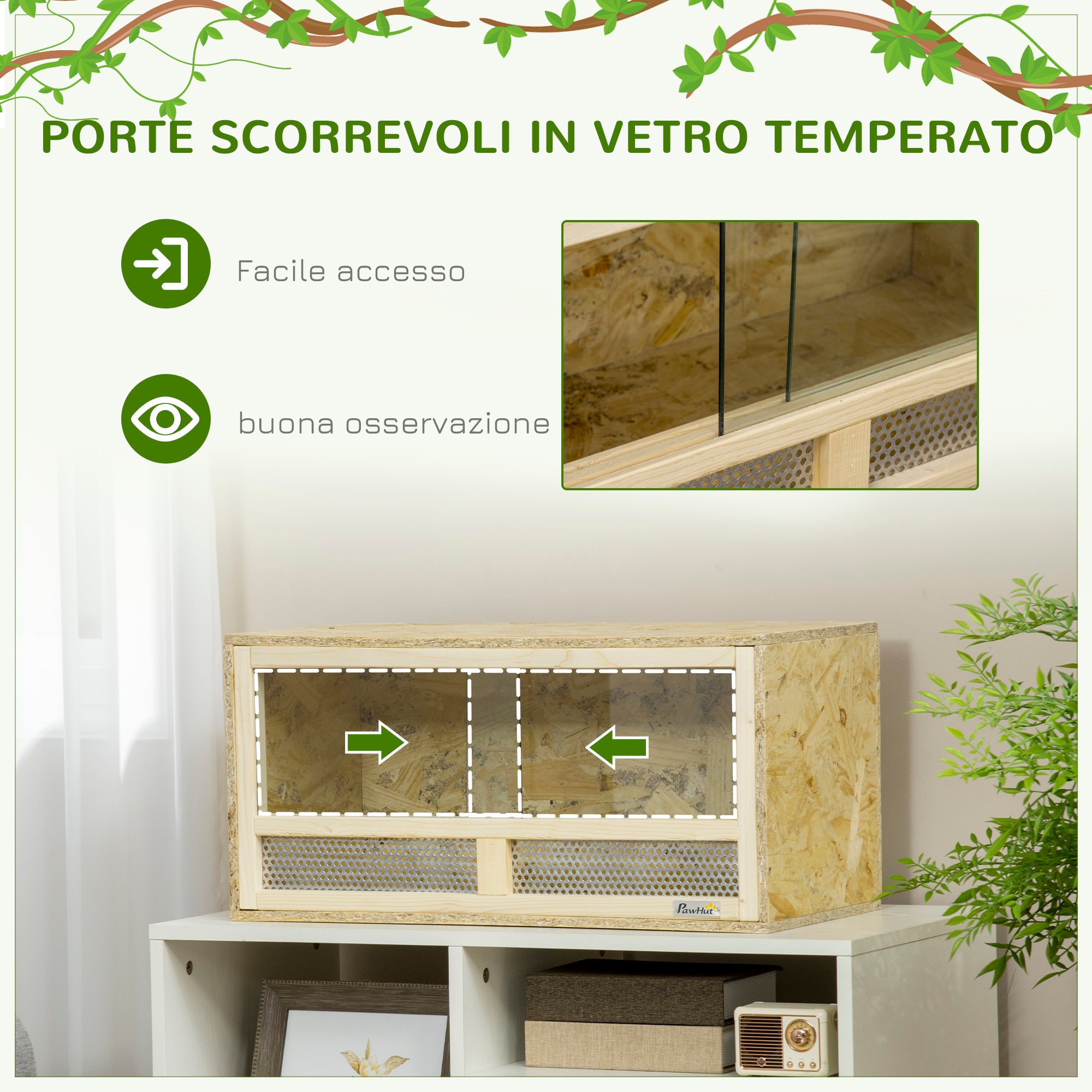 PawHut Terrario per Rettili in Legno con Porte in Vetro Scorrevoli e Pannelli in Rete, 60x29.5x29.5cm - 6