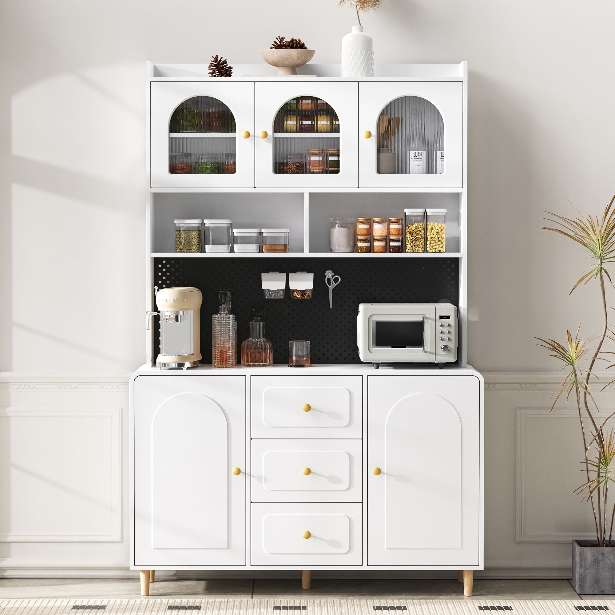 Modernluxe  Buffet De Cocina Moderno 140X40x190cm, Con Estantes Abiertos, Con 3 Cajones Y 5 Puertas, Blanco , Leroy Merlin