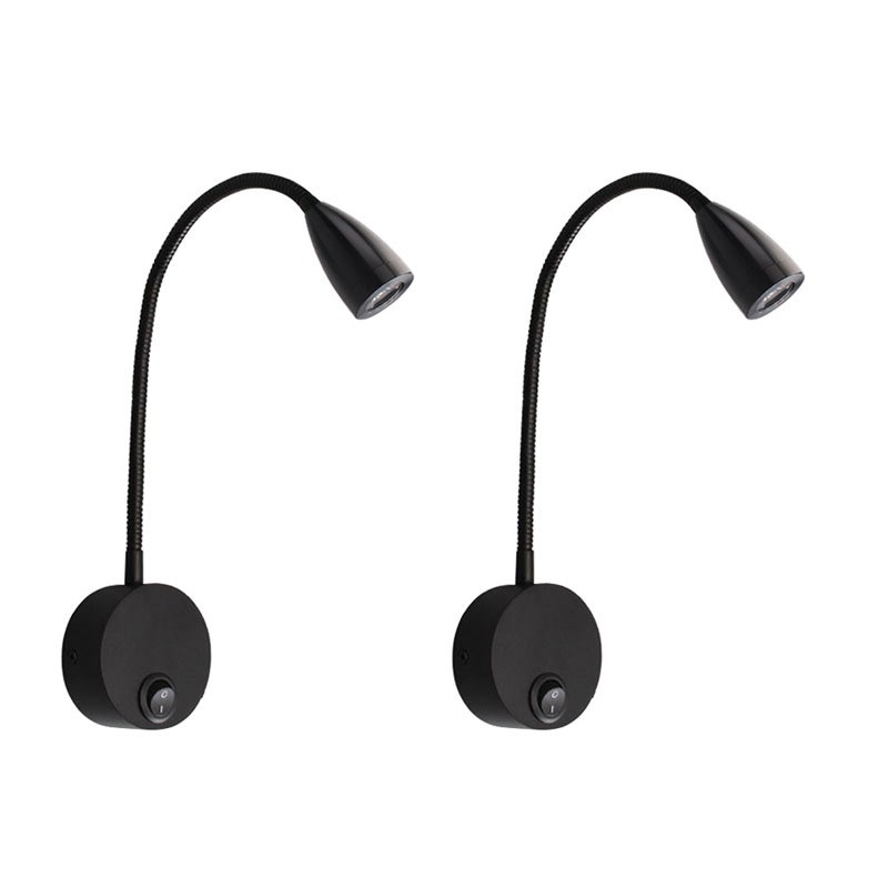 Lampka ścienna nocna, lampka do czytania LED na gęsiej szyi 3W, ciepłe światło 3000K (czarna, 2 sztuki)