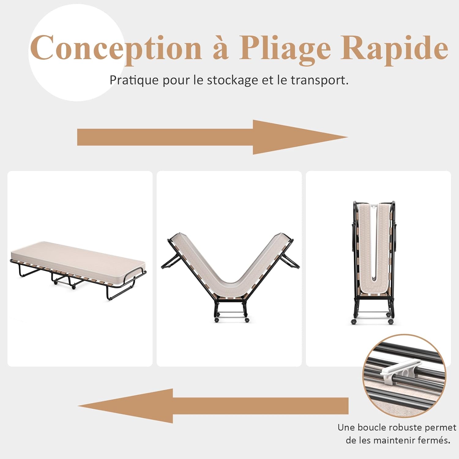 Lit Pliant 190 x 80 cm avec Memoire de Forme, Lit d’Appoint avec Cadre en Acier et 4 roulettes Universelles, Lit Pliable Fabriqué en Italie - 5