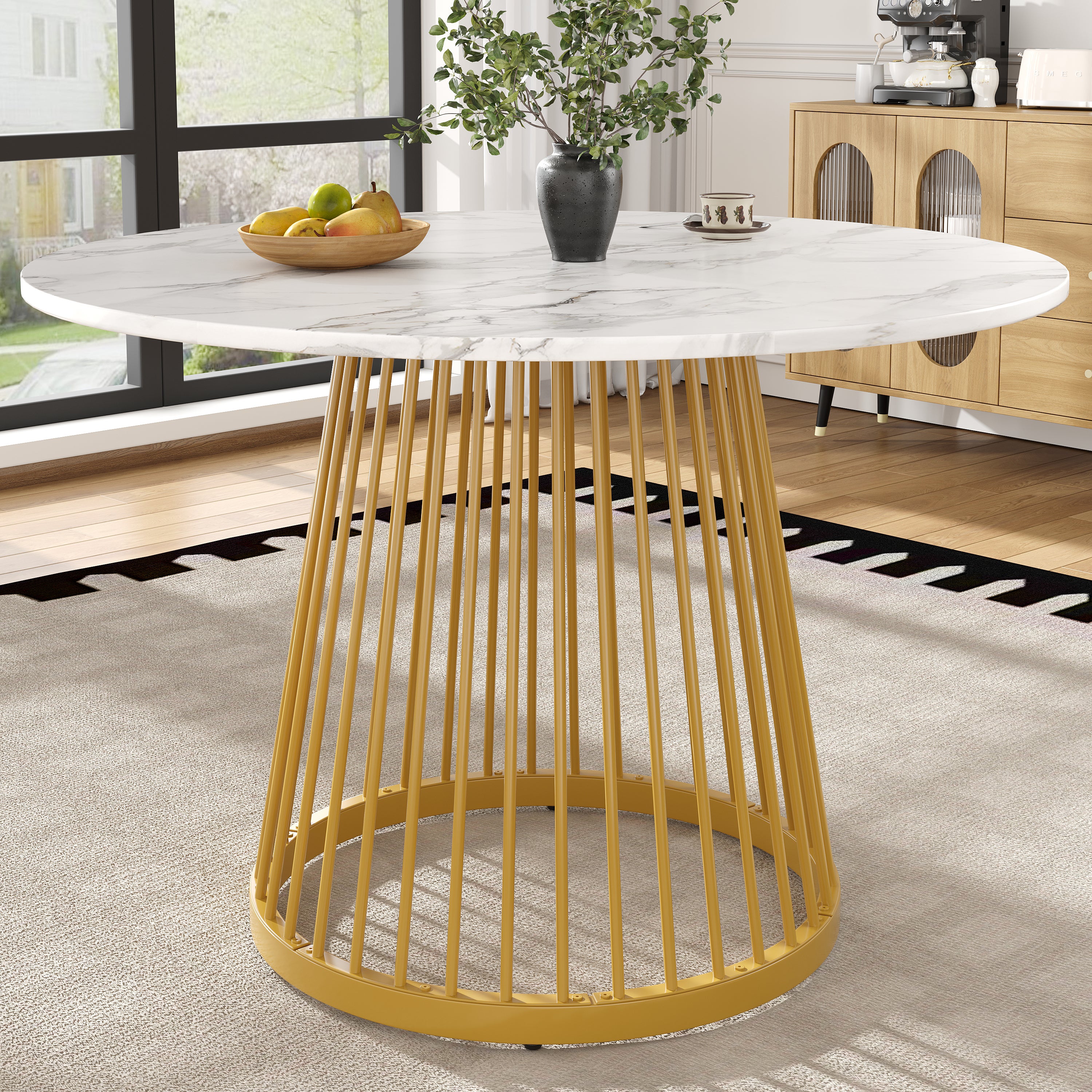 Okrągły stół jadalny dla 4-6 osób - D 80 x W 76 cm - Blat z płyty MDF marmurkowy i nogi z metalu w kolorze złotym - Biały
