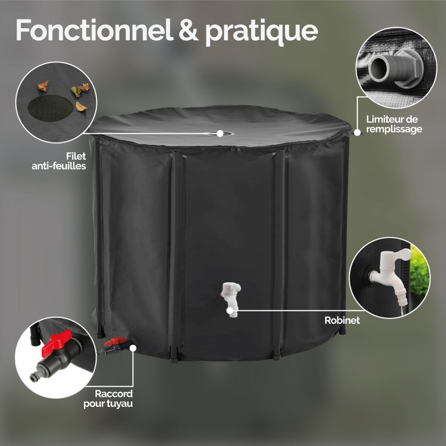 Réservoir souple, récupérateur d'eau de pluie pliable - 1000 L - Noir - Linxor - 2