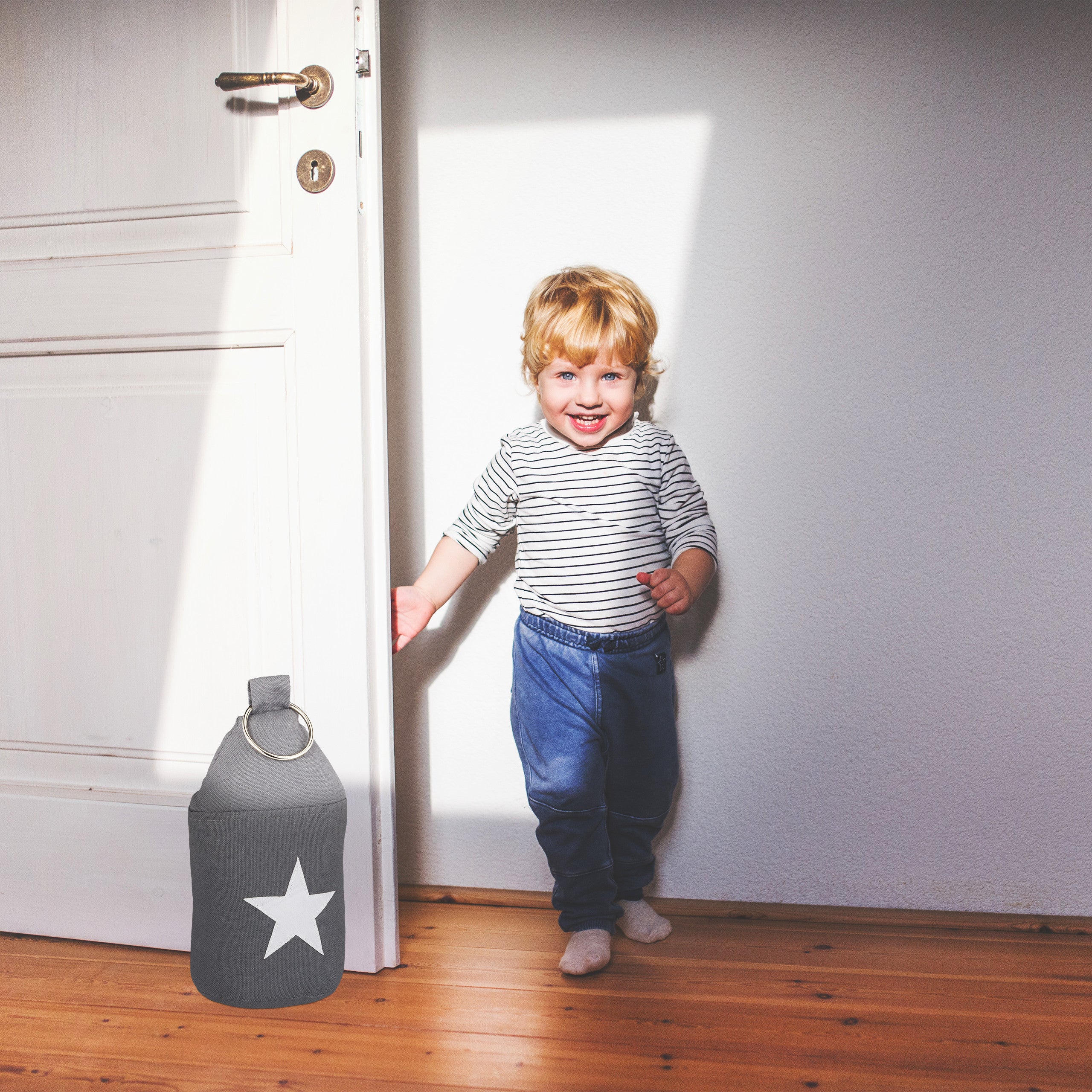 6x Fermaporta a Pavimento in Stoffa, Sacchetto Alto con Stella e Manico, Bloccaporta HLP 25 x 12 x 12 cm, Grigio Scuro - 2