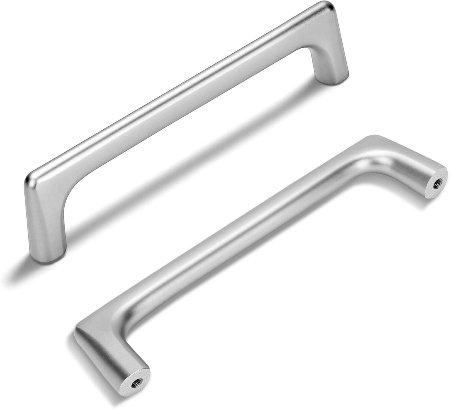 10 uchwytów meblowych, srebrnych, stop cynku, rozstaw osi 128 mm; uchwyt umywalkowy, długość całkowita 138 mm.