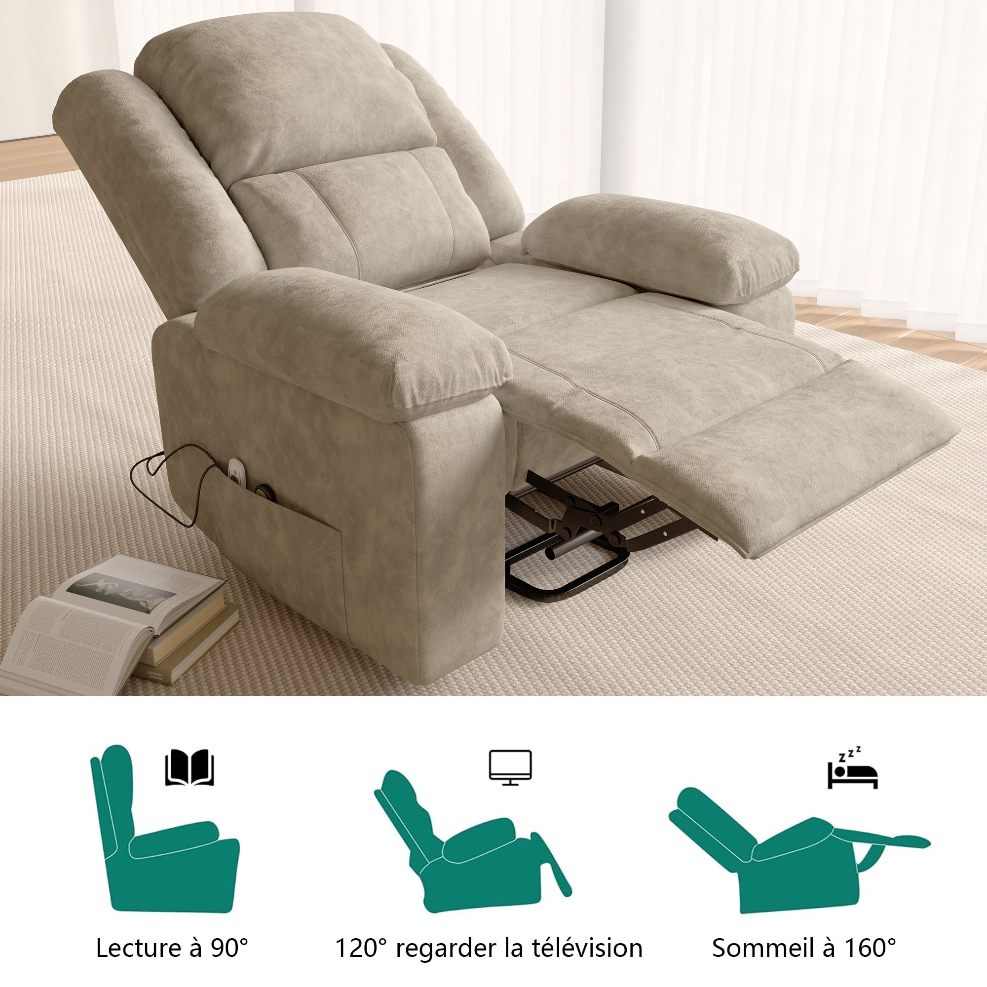 Fauteuil releveur électrique,fauteuil massant relaxation avec fonction massage et chaleur,aide à la verticalisation,chauffage,repose-pieds,port usb - 3