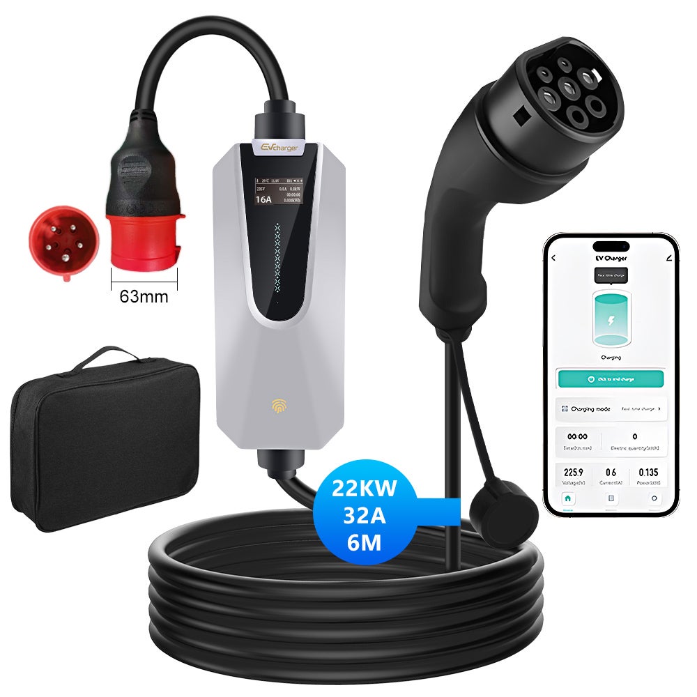 Przenośna Ładowarka EV JUNSUN 22kW | Typ 2 | Kabel 6m | IP65 | Regulacja 6-32A