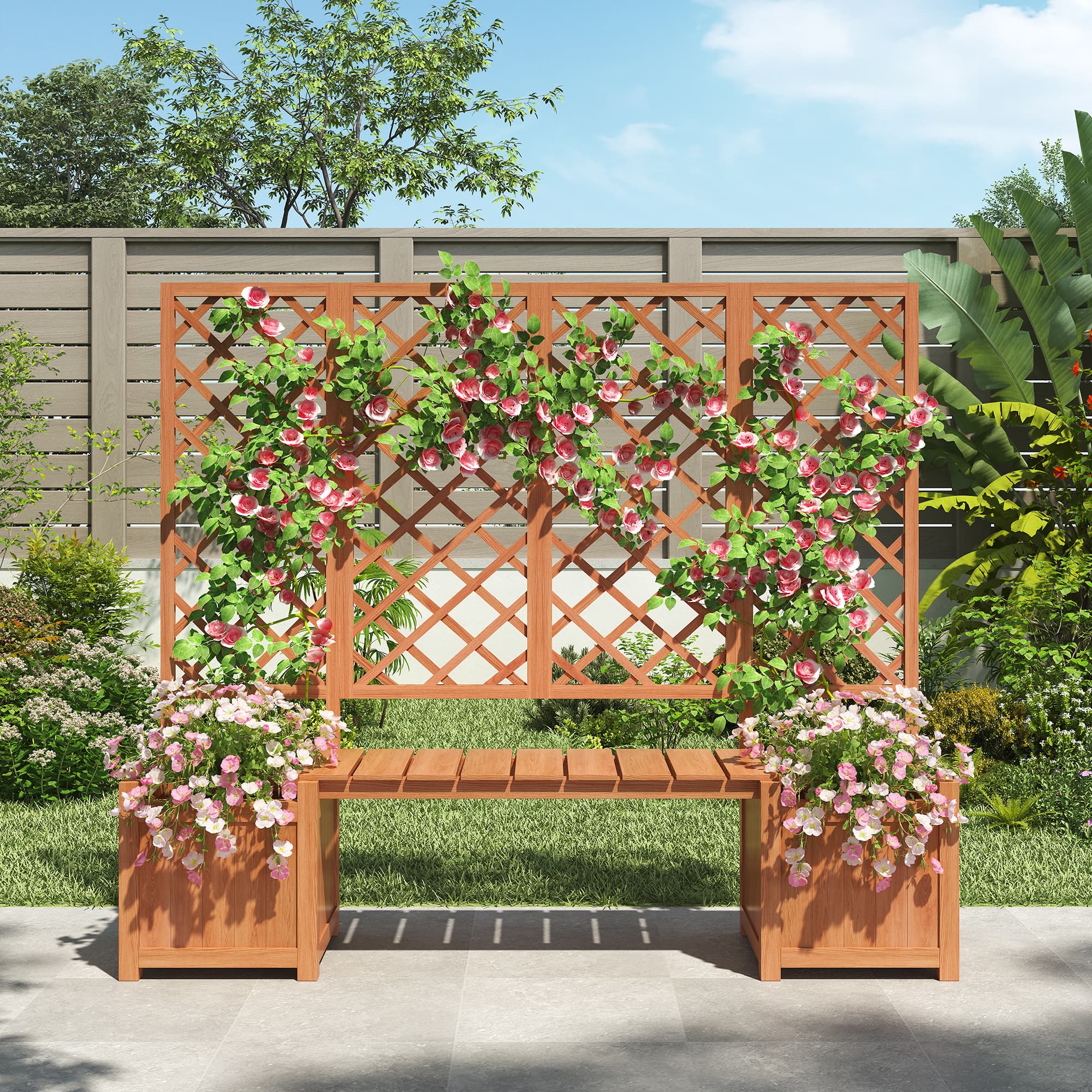Jardinière Bois Massif Brun Sapin, Treillis pour Plantes Grimpantes avec Assise, Bac à Fleurs Grande Capacité pour Jardin, Cour et Terrasse - 3