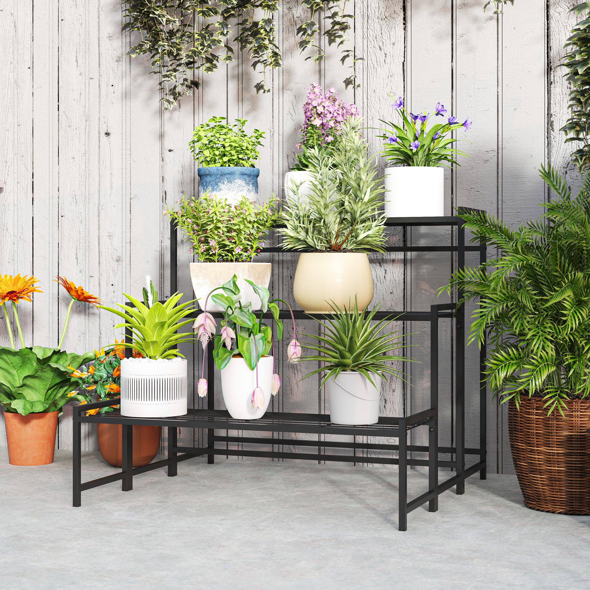 Support à plantes à trois niveaux avec échelle et structure métallique ...
