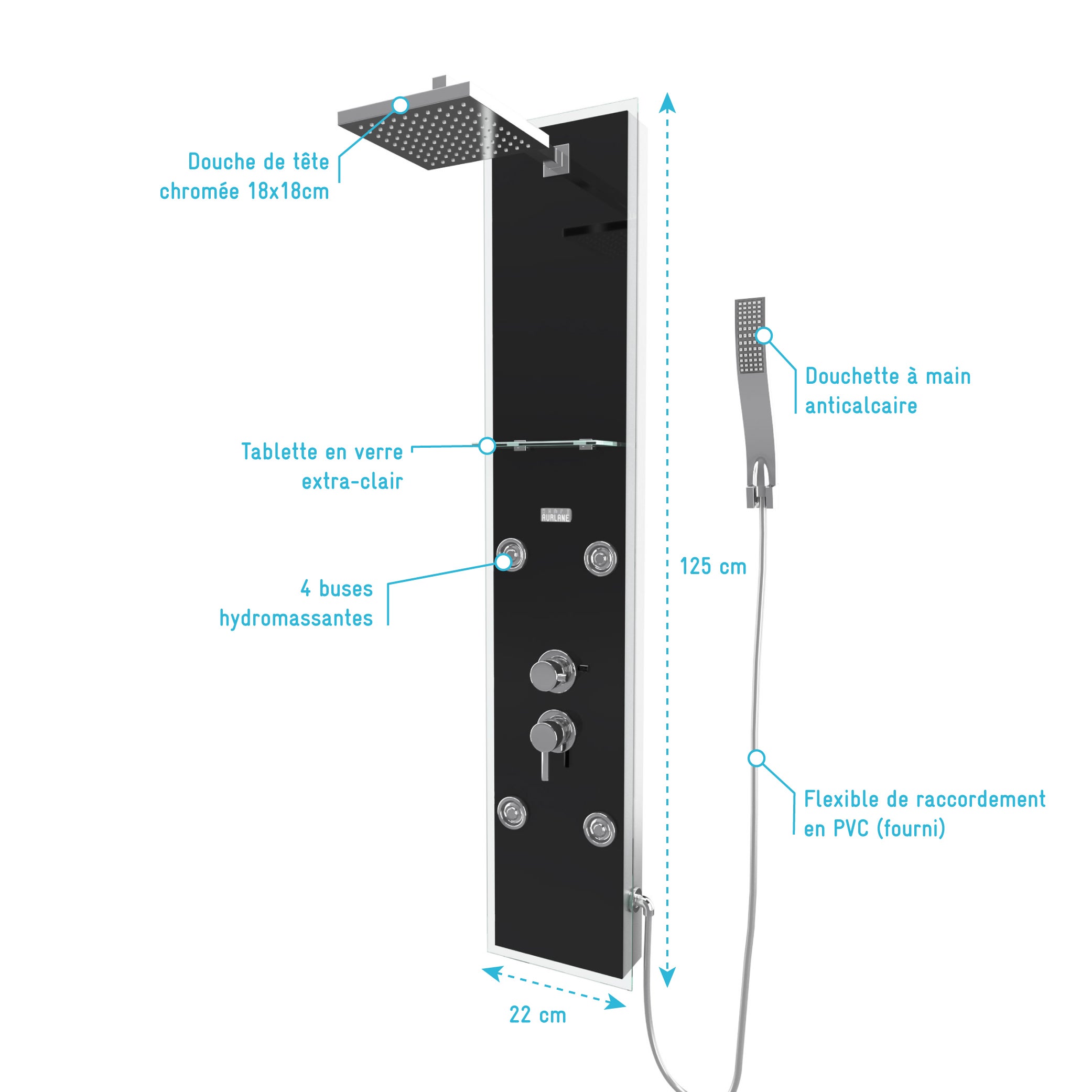 Colonne de douche a hydromassage - 22x125cm - en verre trempe + buses hydromassantes - EPSILON BLACK - 4