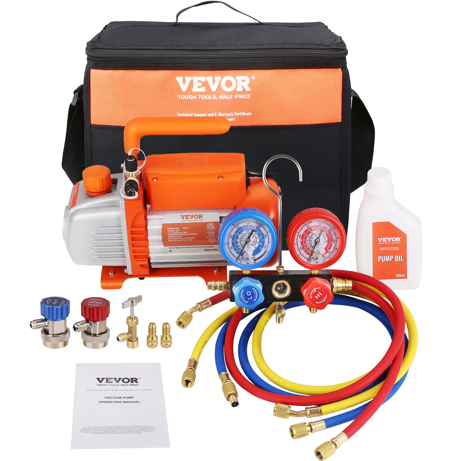 Strumenti Tecnico Frigorista Kit Pompe Per Vuoto HVAC 1/3 HP Manometro A 4 Vie - Set Completo Con Tubi, Olio E Accessori Set Riparazione Climatizzazione Auto E Casa