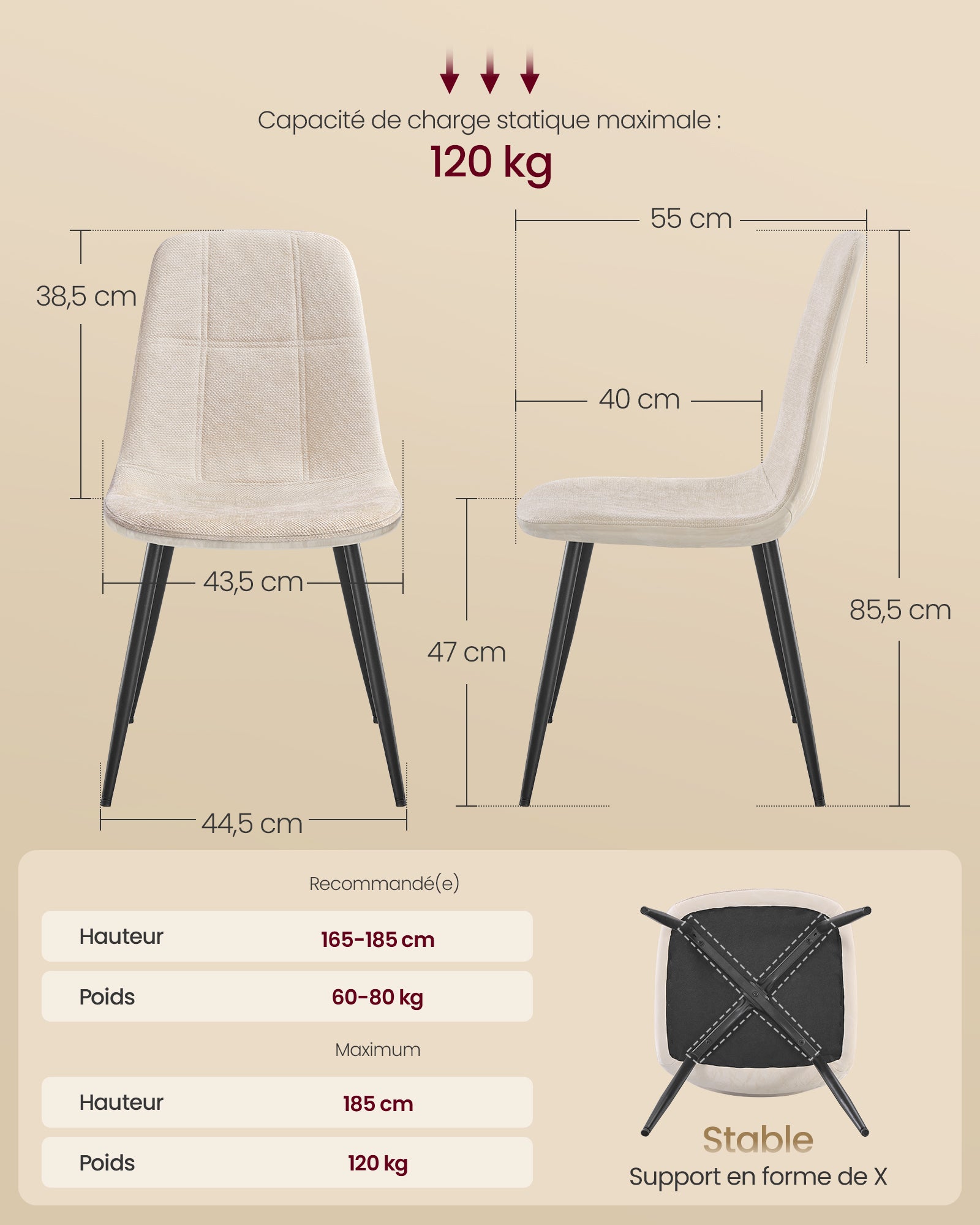 Chaises de Salle à Manger, Lot de 4, Support Métallique, Pieds Réglables, Nettoyage Facile, Tissu Chenille, PU Texturé Glacé, Blanc Crème - 5