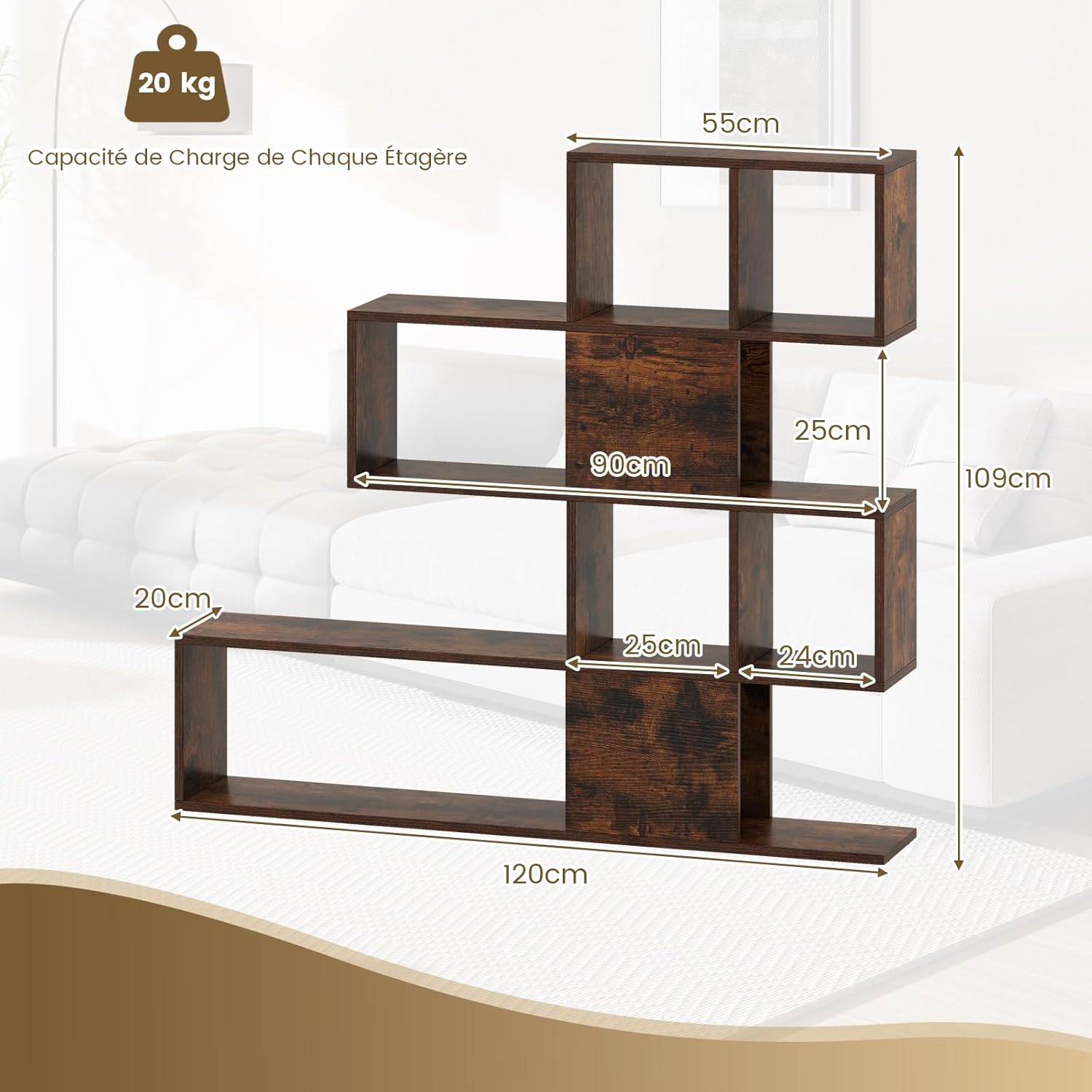 Libreria in Legno, 5 Livelli con Ante, Scaffale Multifunzionale a Forma di Scala, Ideale per Soggiorno Studio Ufficio, 120x19,5x109cm (Marron) - 2