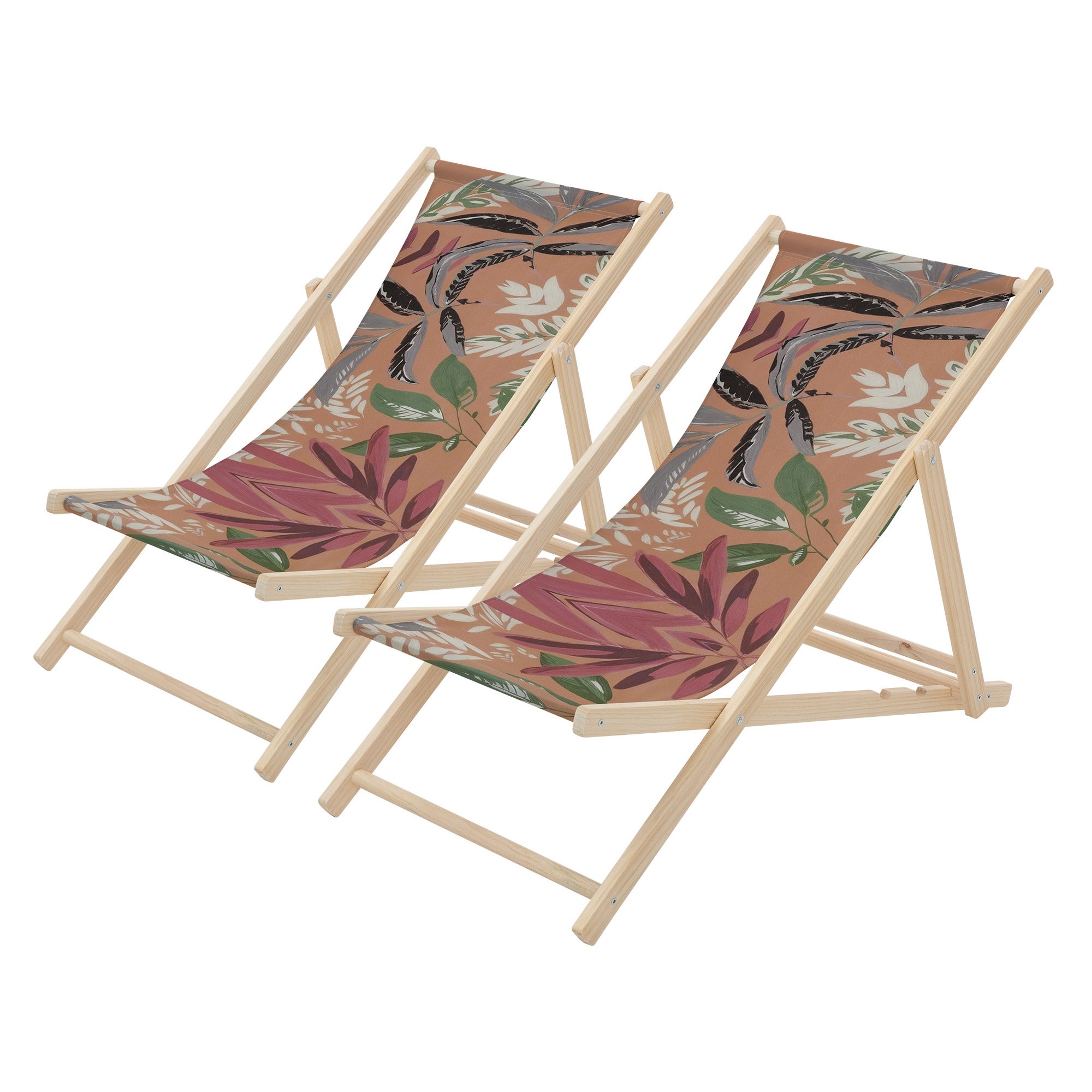ECD Germany 2x leżak plażowy składany floral drewniany do 120 kg 3-pozycyjny regulowany oparcie krzesło relaksacyjne balkon taras ogród komfortowy