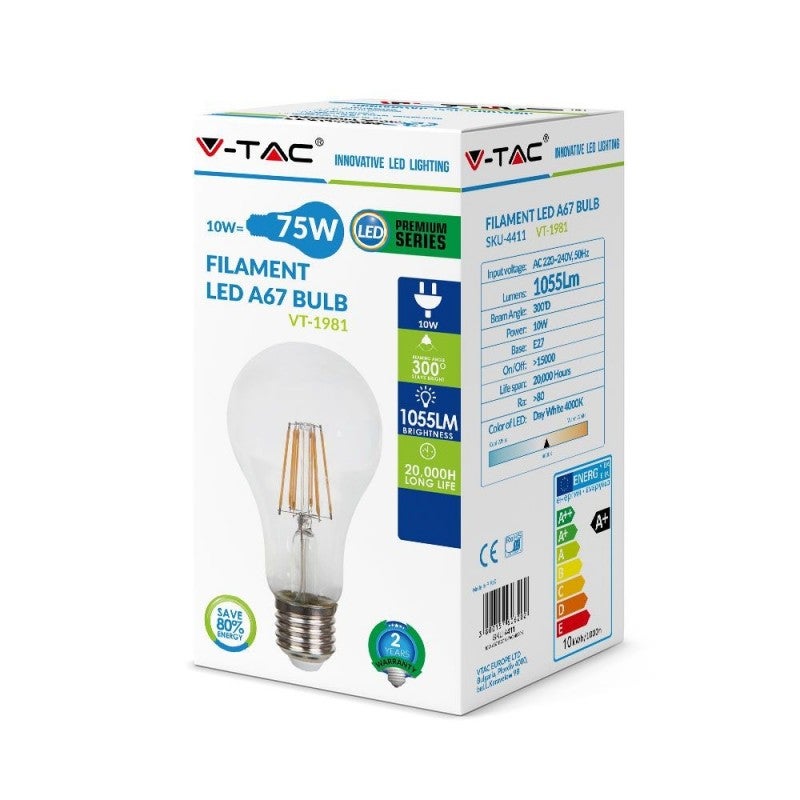 Lampadina LED a filamento da 10 W brevettata E27 A67 VT-1981 - 6000K - 6