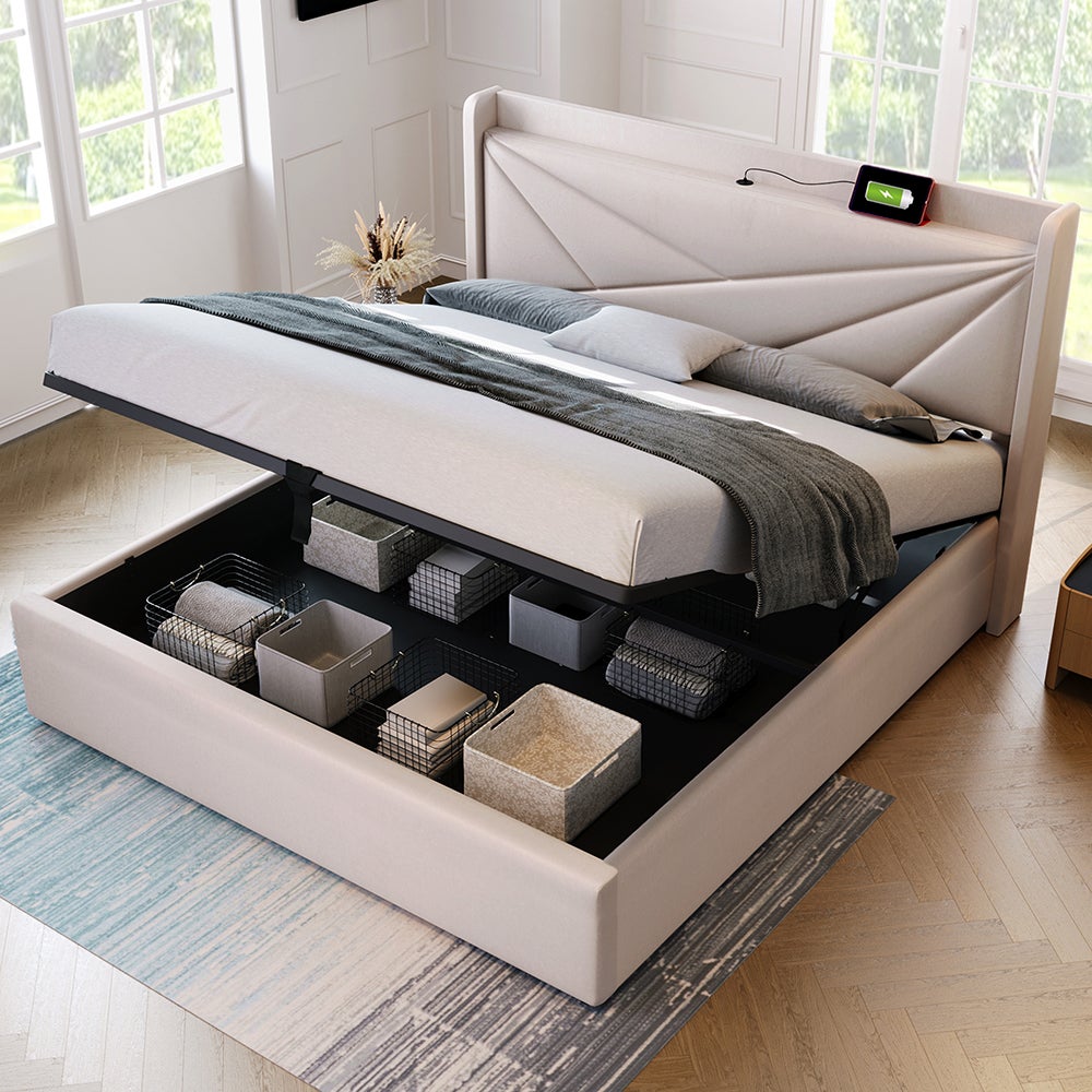 Lit coffre Lit double rembourré Lit de rangement Tête de lit avec fonction de chargement USB Lit de jeune Lit 180x200 cm Beige - 6