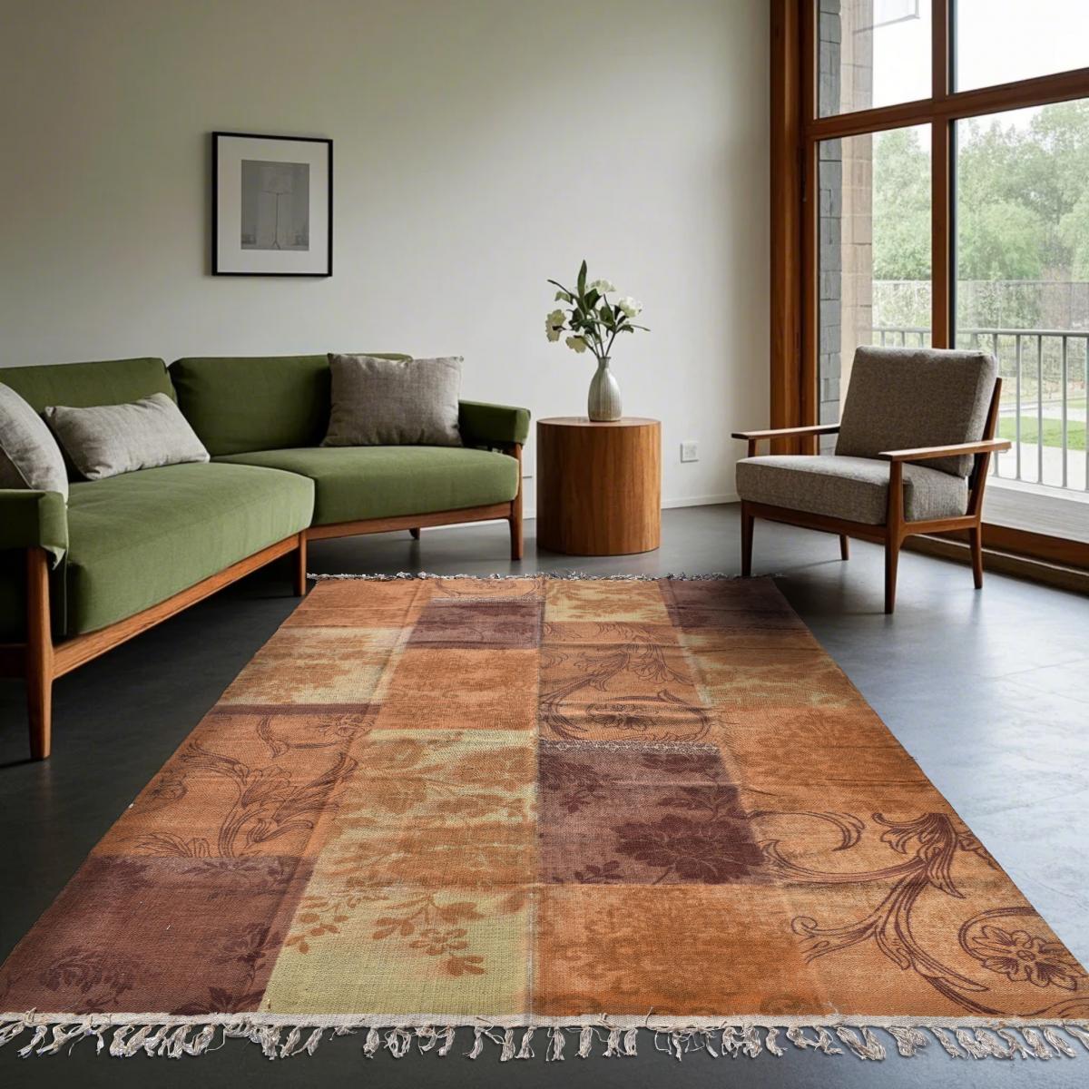 Tapis kilim 140x190 rectangle fait main en coton or motif ethnique - 2