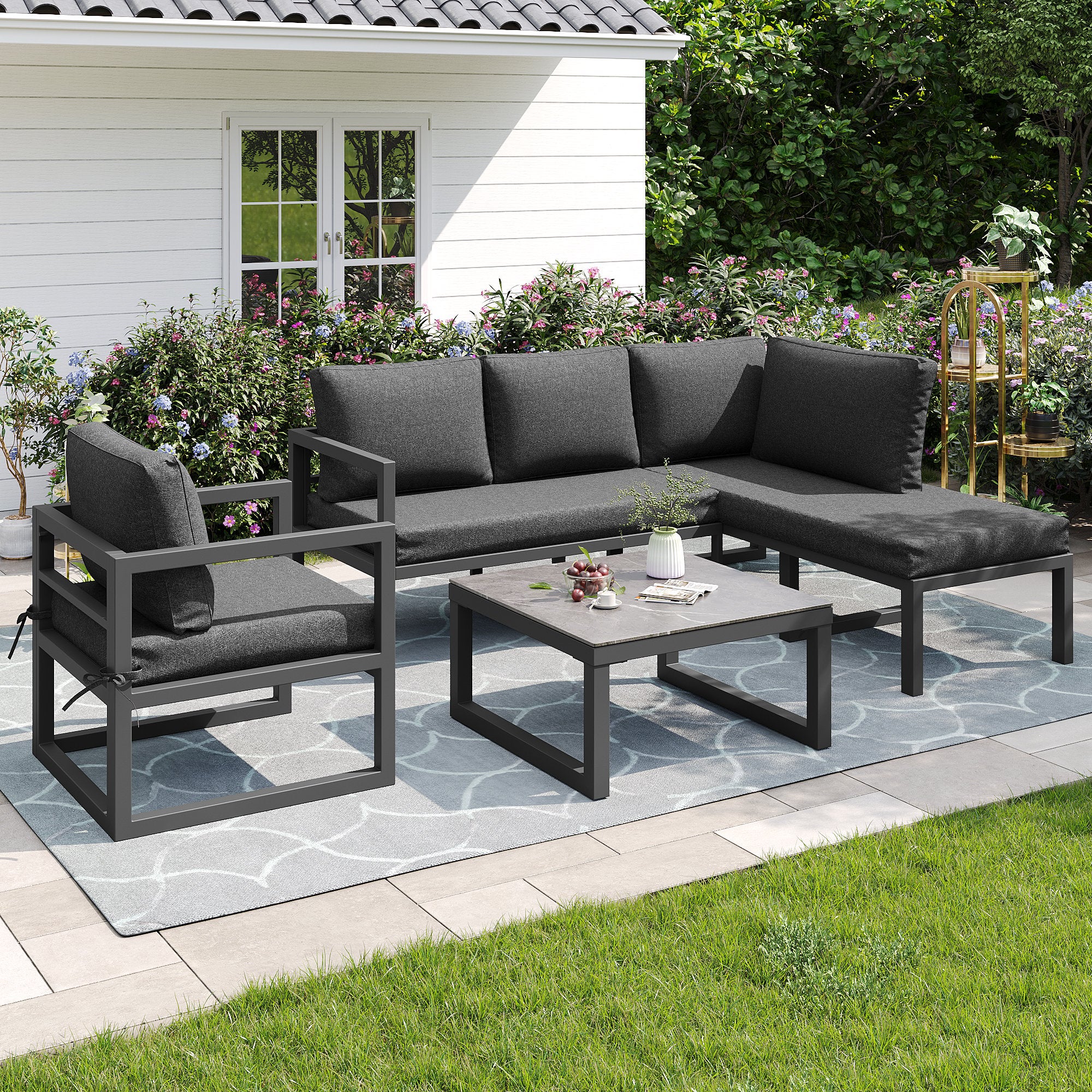 Ensemble de meubles de jardin en corde, canapé d'angle, y compris tous les coussins d'assise et les coussins, gris - 2