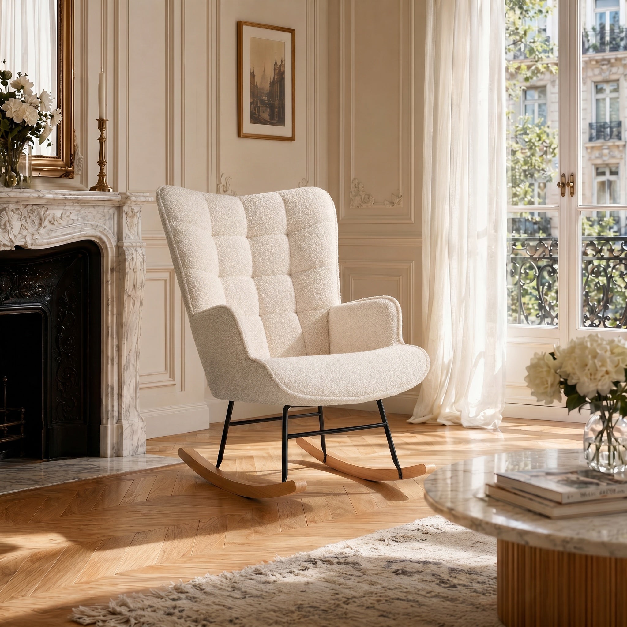 Fauteuil à Bascule Rocking Chair 68x75x92cm – Fauteuil Allaitant Rembourré avec Dossier Haut Capitomné et Accoudoirs – Peluche - Beige&nbsp; - 2